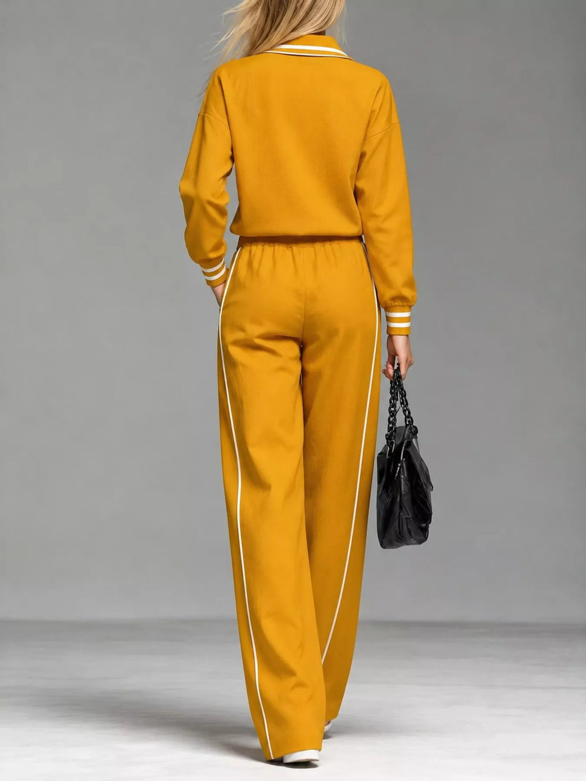 Yellow striped half zip top and pants set, back view