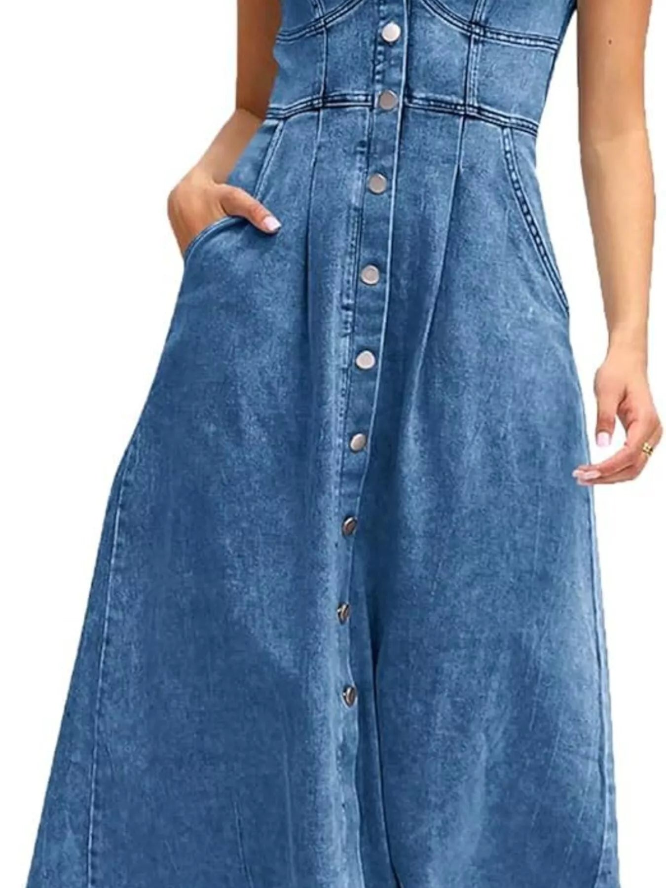 Trendsi Smocked Back Button Front Denim Midi Dress -