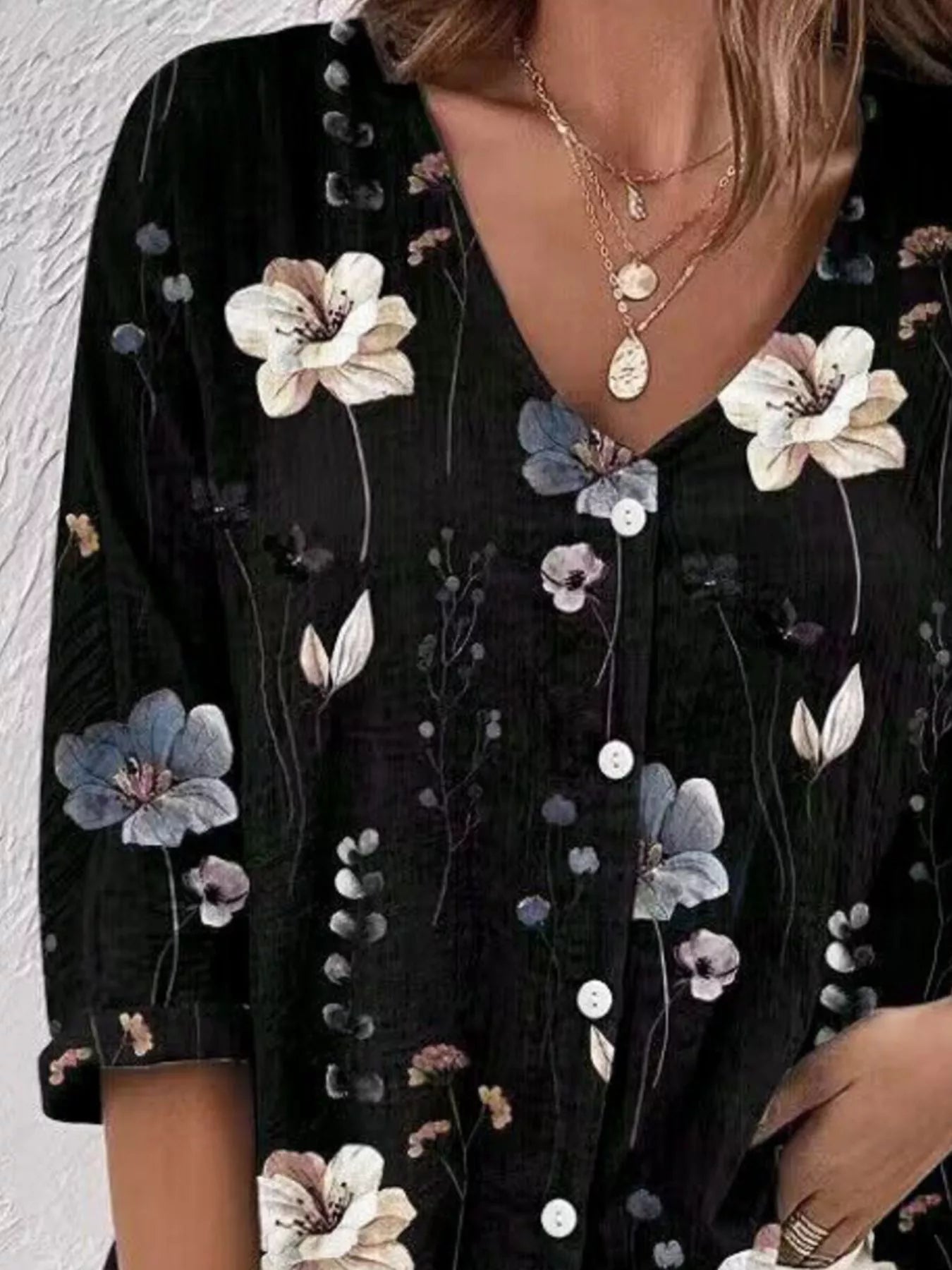 Trendsi Floral Print V-Neck Button-Down Shirt -