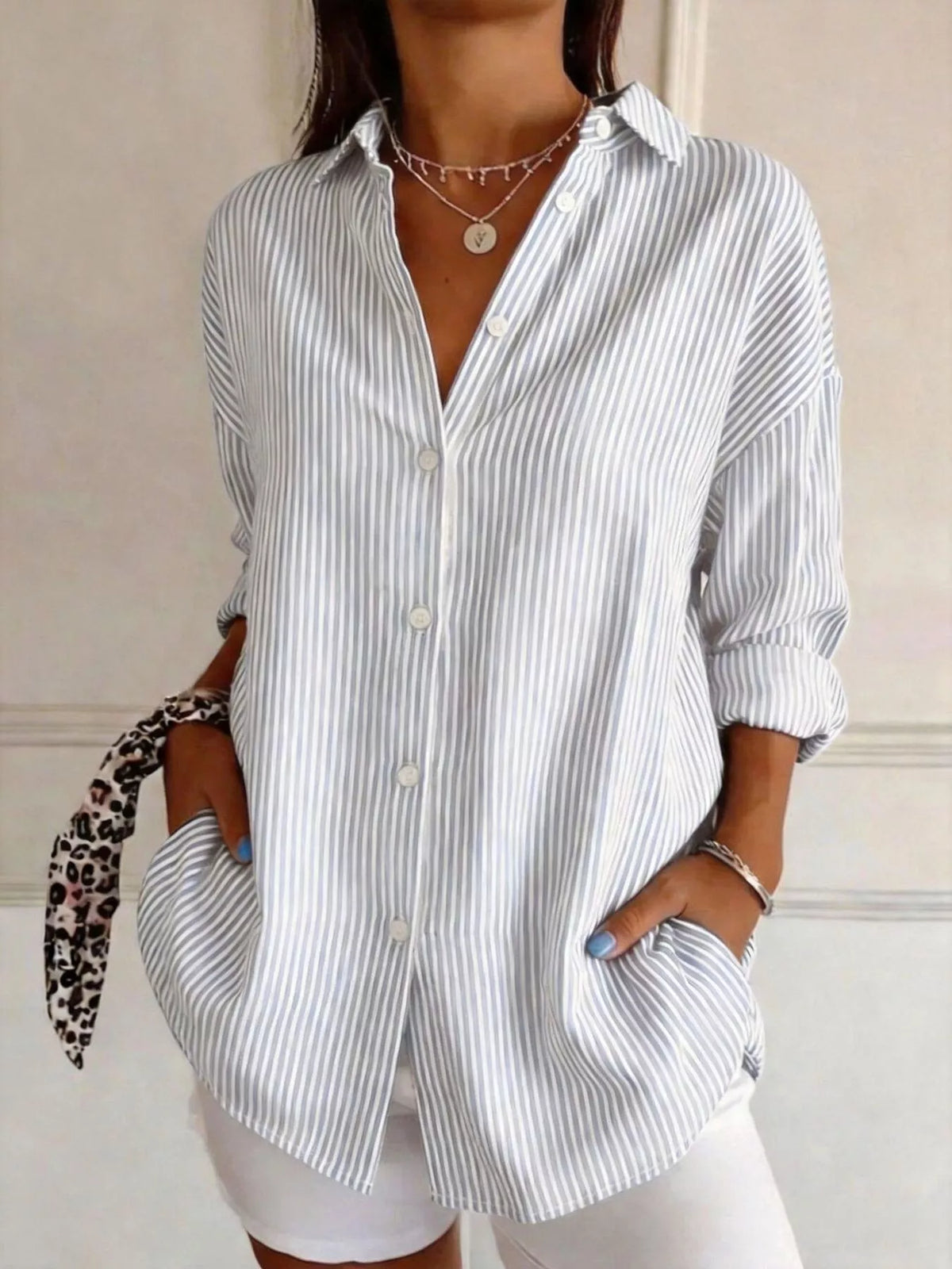 Light blue striped long sleeve shirt, front view