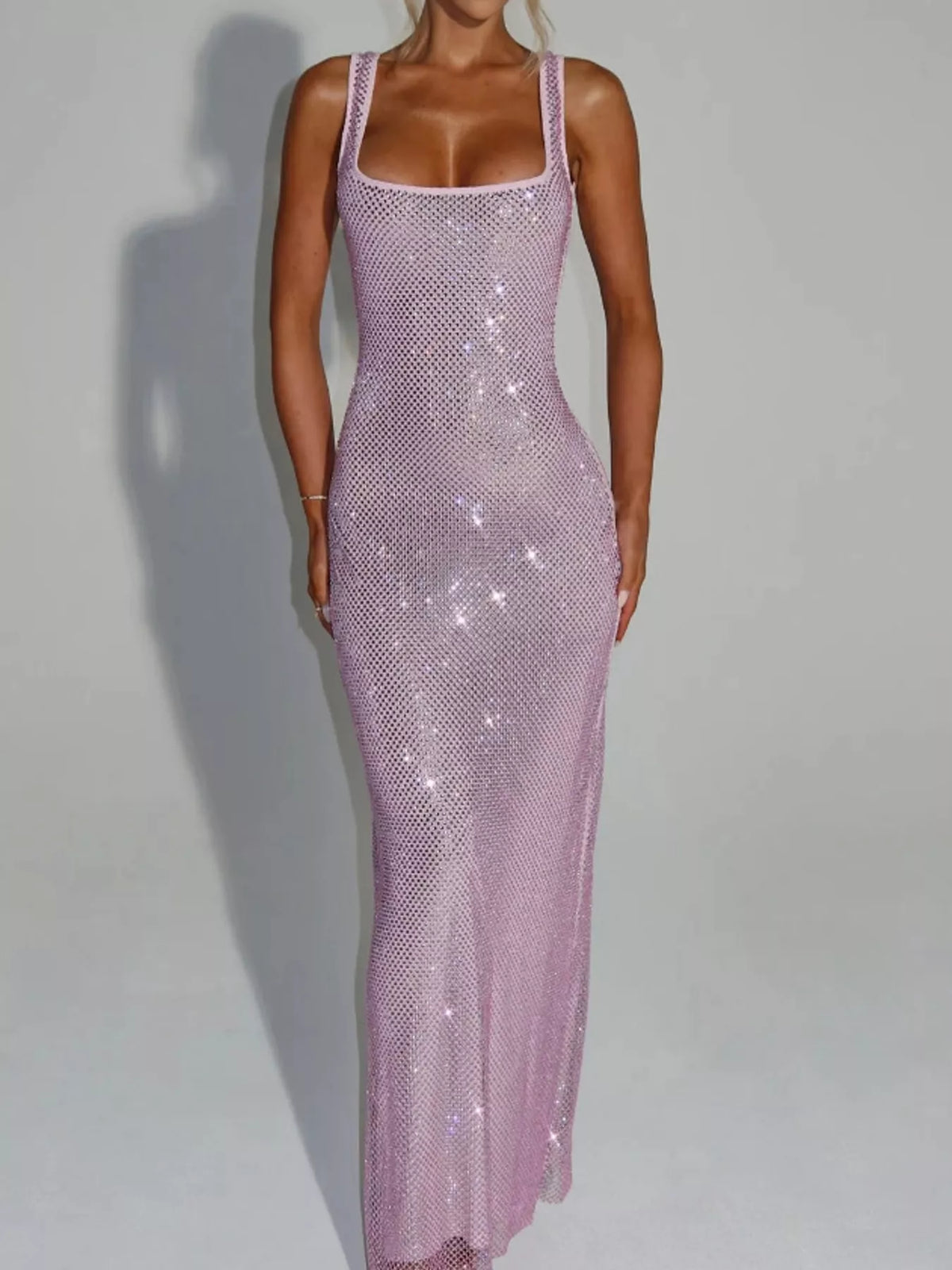 Square neck sleeveless maxi dress, front view on model