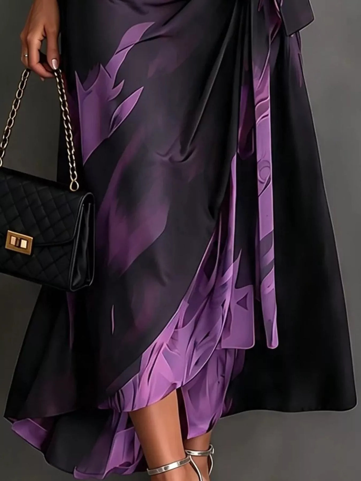 Purple and black tie-detail surplice dress, midi hem detail