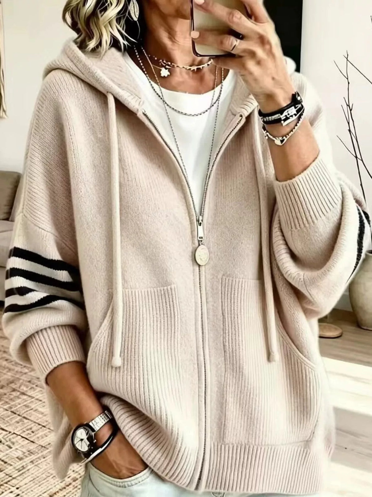 Apricot hooded zip-up knit cardigan