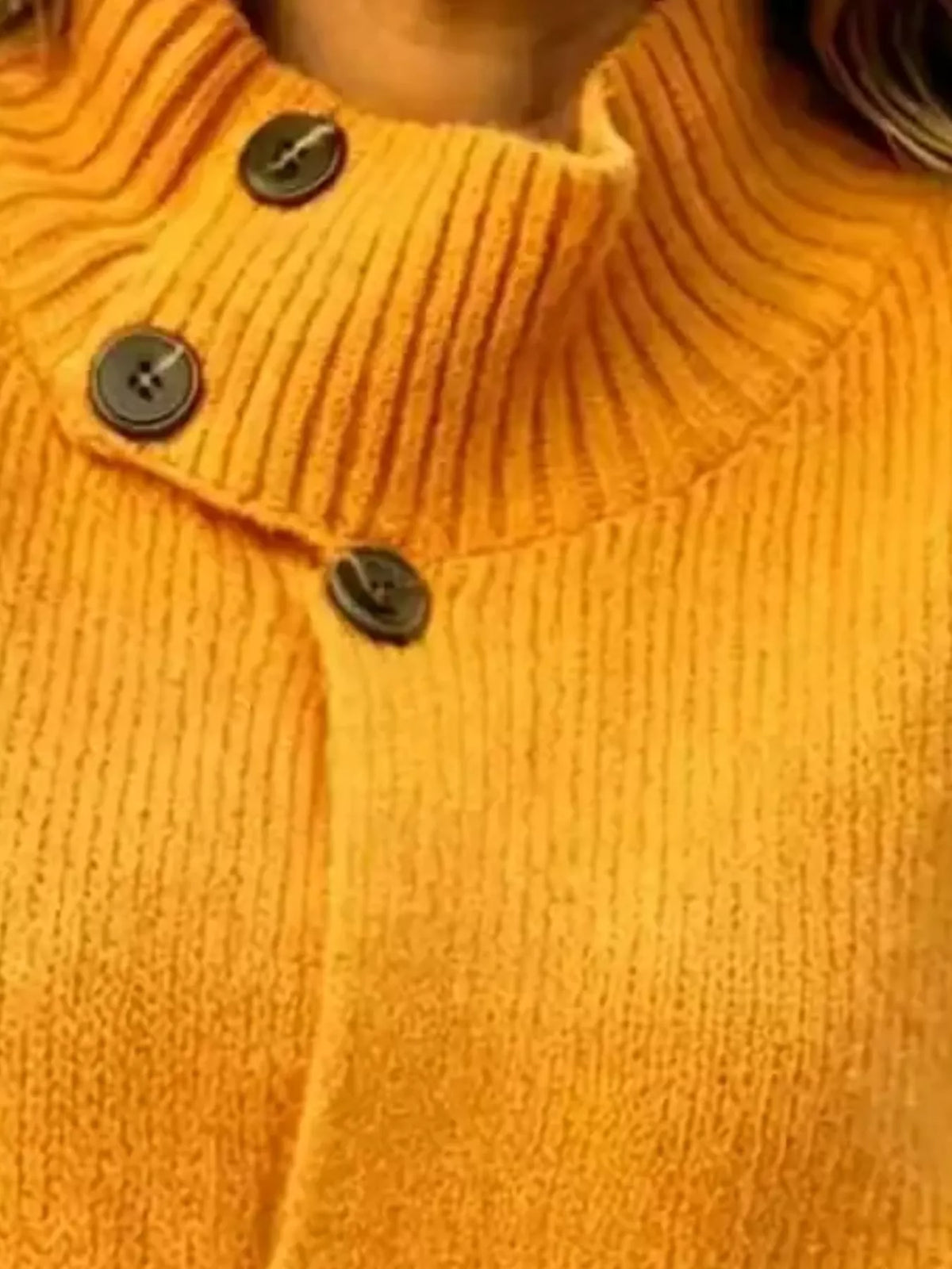 Button-Up Mock Neck Cardigan in mustard, neckline detail