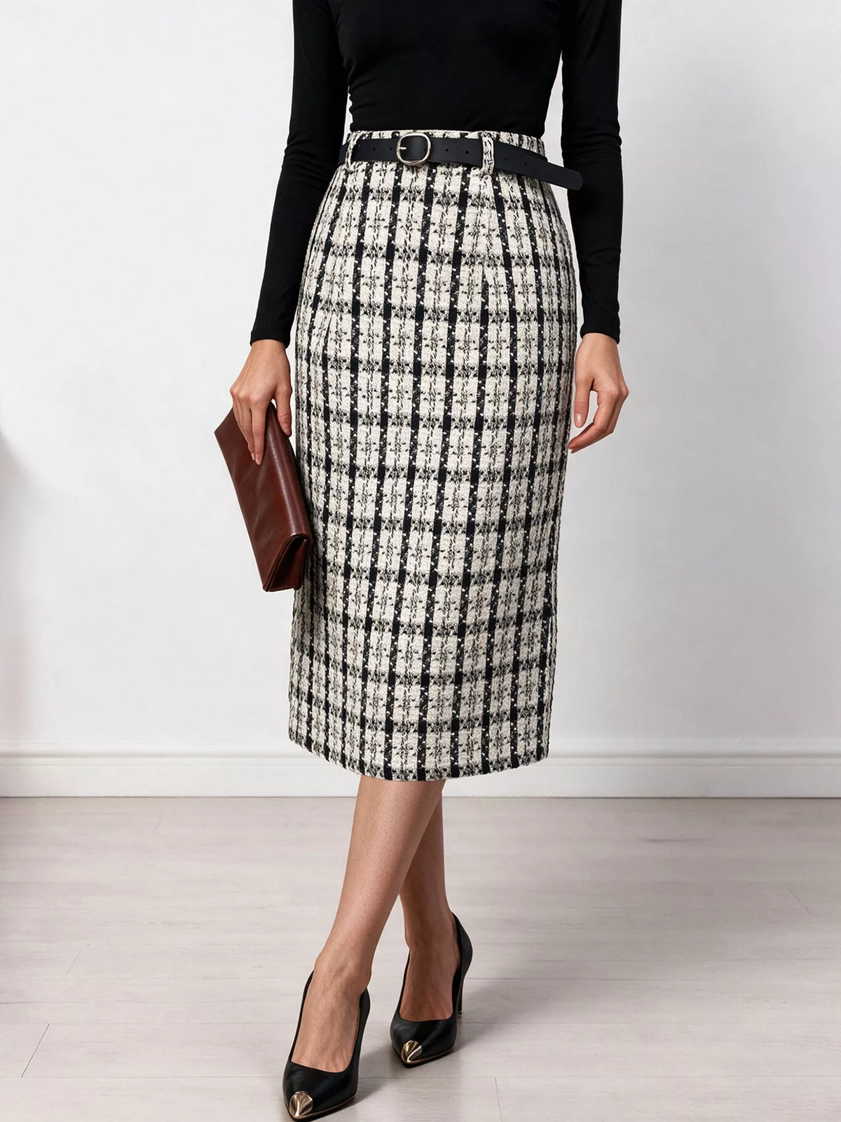 Black and white plaid midi skirt, angled front view