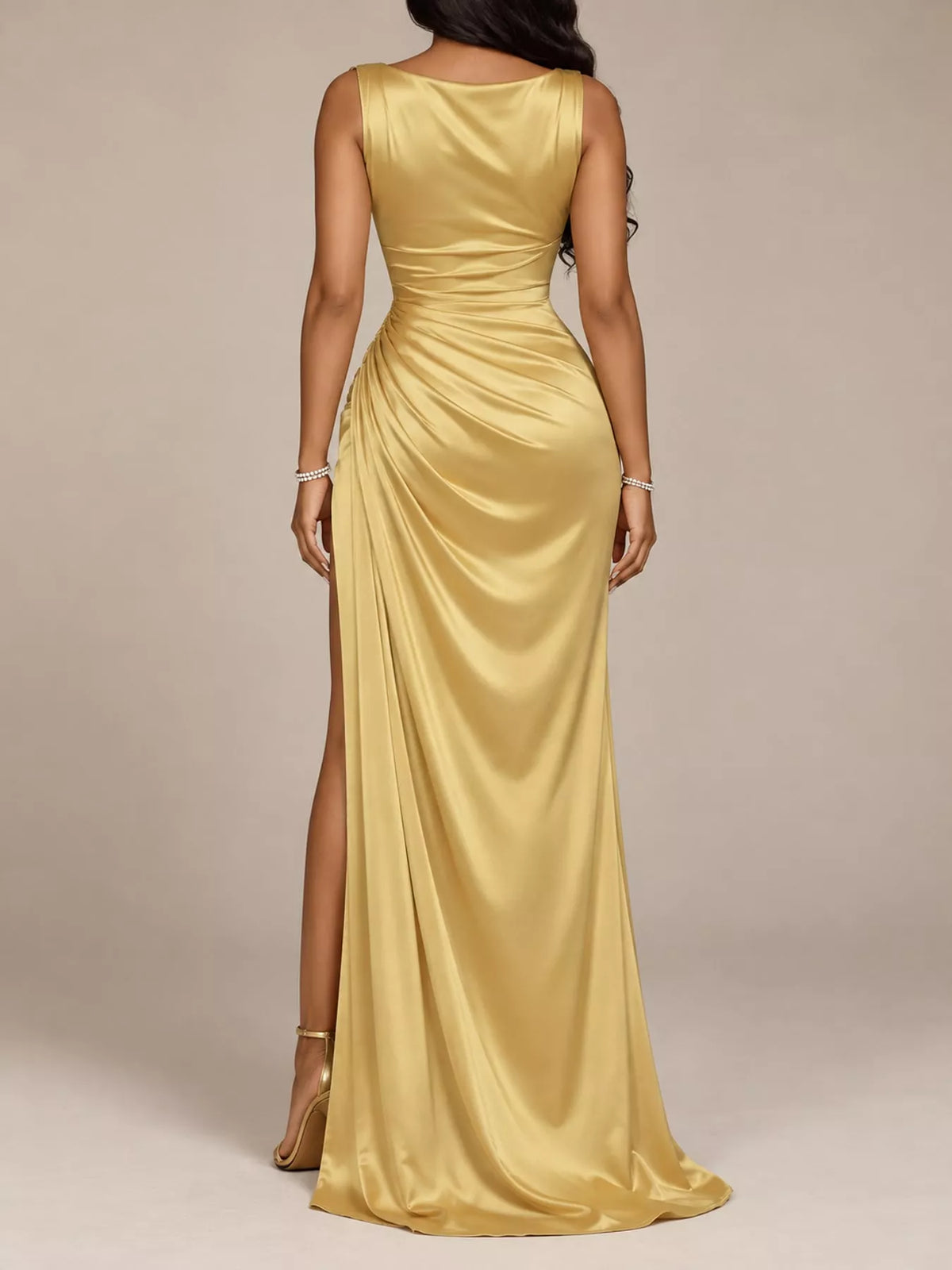 Gold satin cowl neck high slit maxi dress, back view