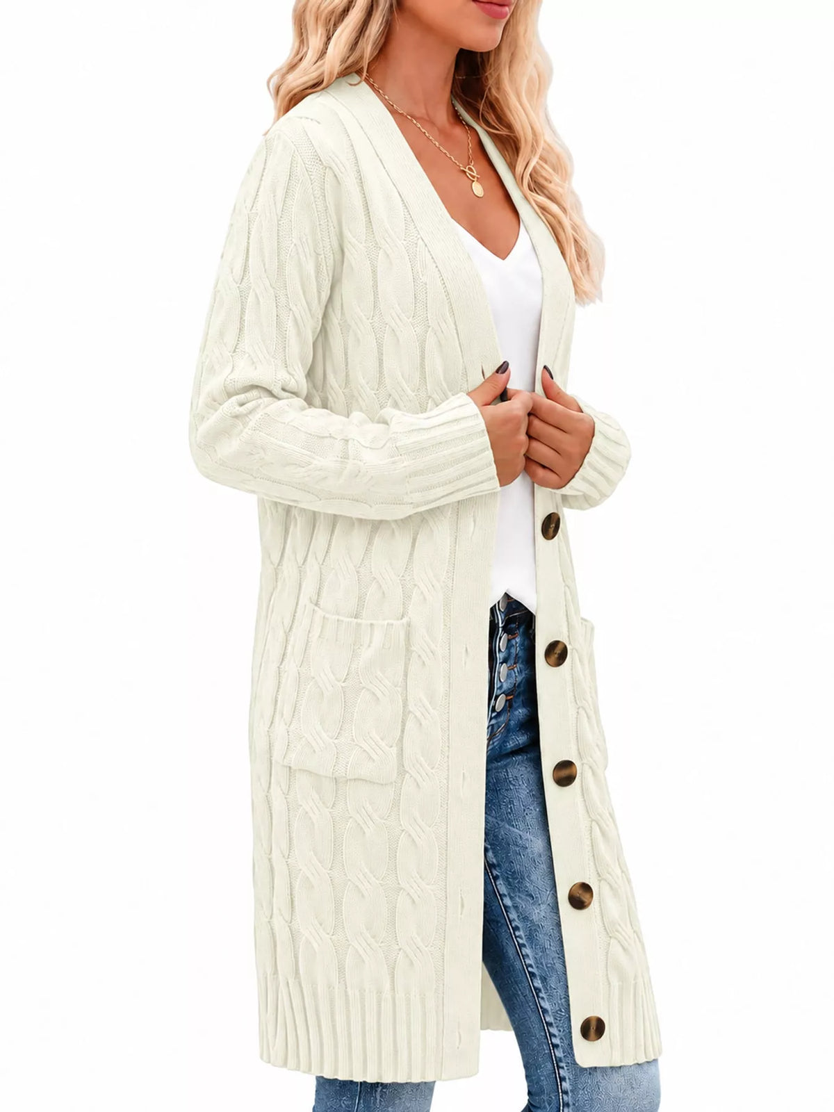 Cable Knit Button-Down Cardigan with Pockets — side view