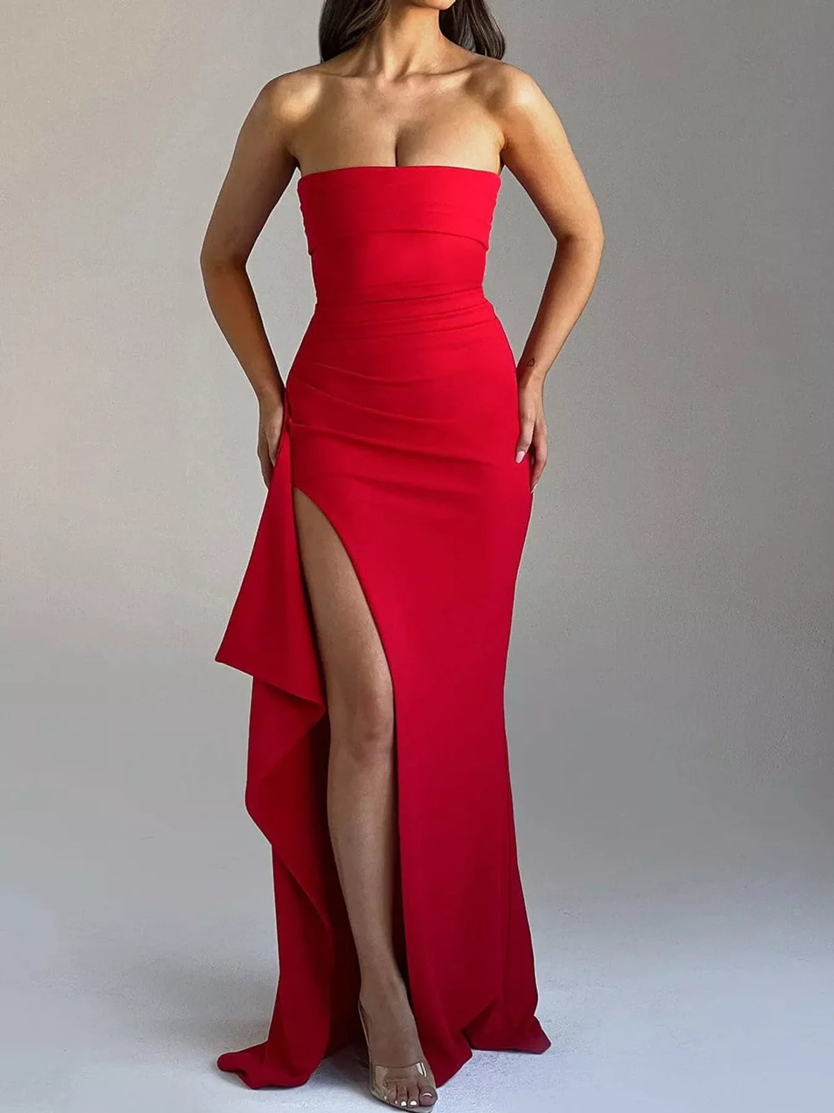 Red strapless high slit bodycon maxi evening dress, front view