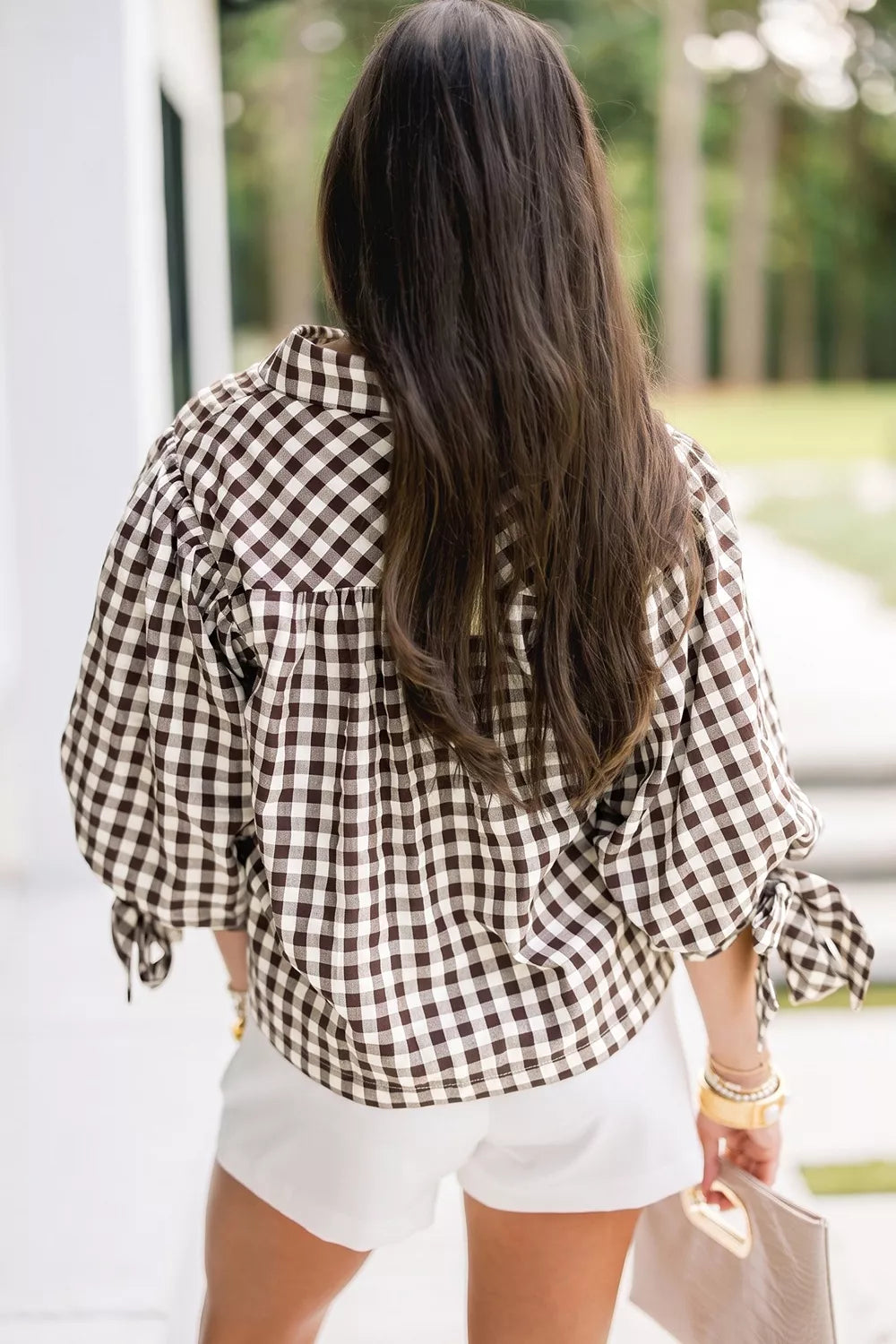 Brown gingham scalloped-trim tie-sleeve shirt, back view of gingham shirt