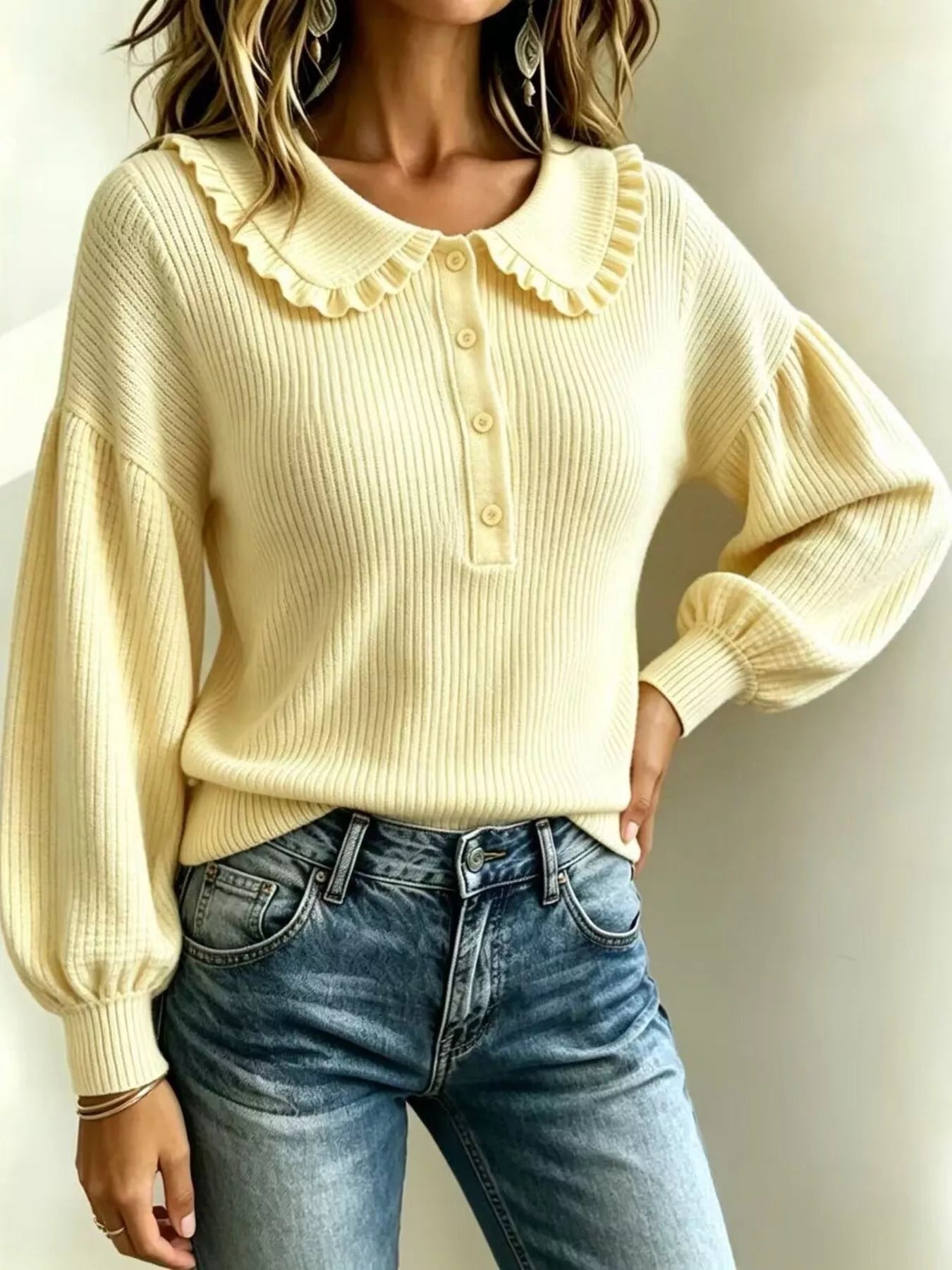 Trendsi Full Size Ruffle Collar Button Detail Sweater Plus Size -
