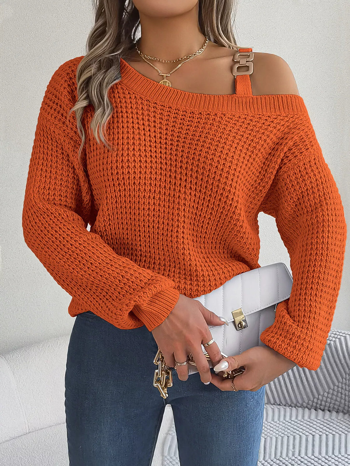 Asymmetrical Neck Long Sleeve Sweater in orange, front view