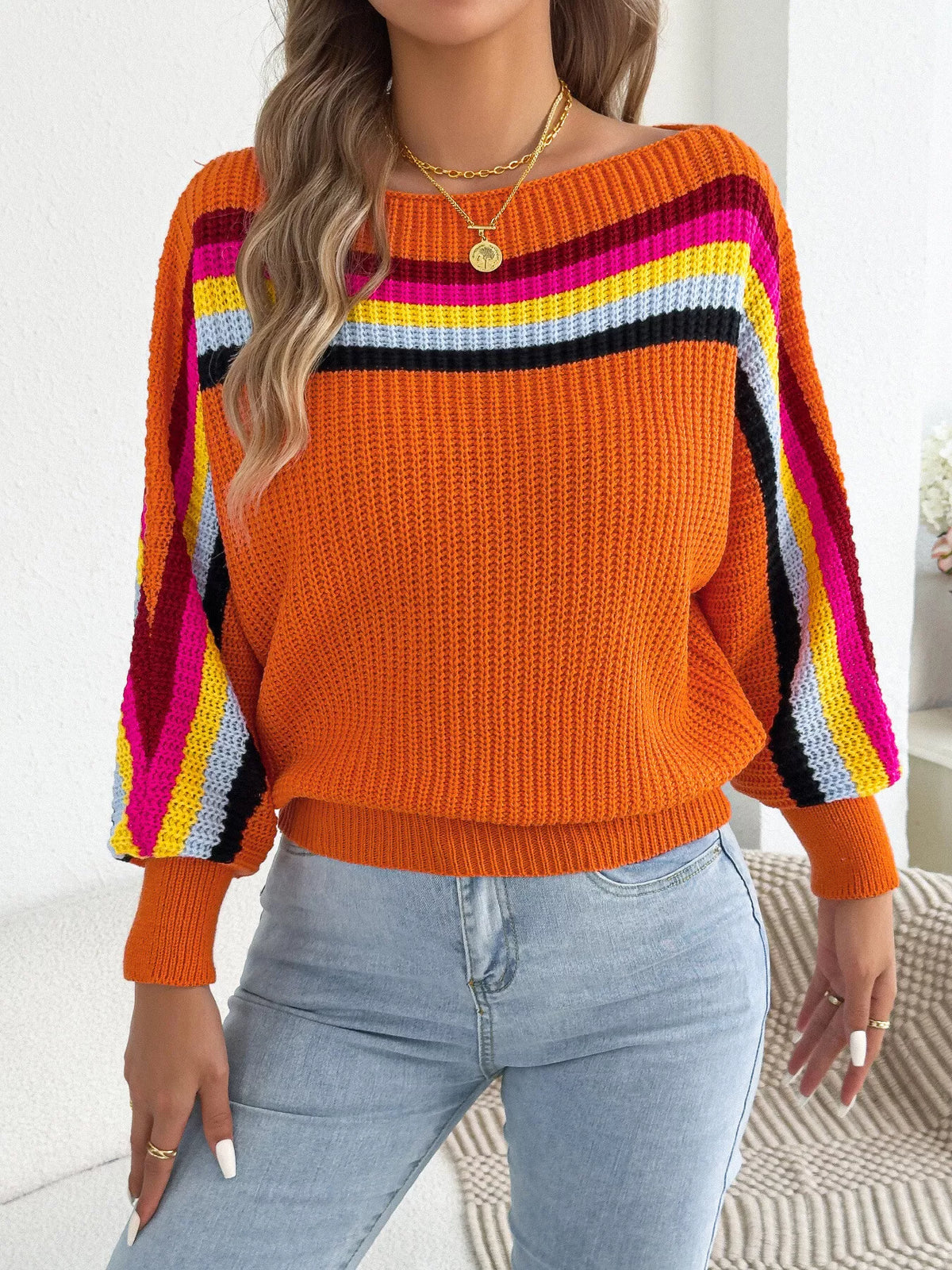 Striped Knit Boat Neck Sweater in orange, front view