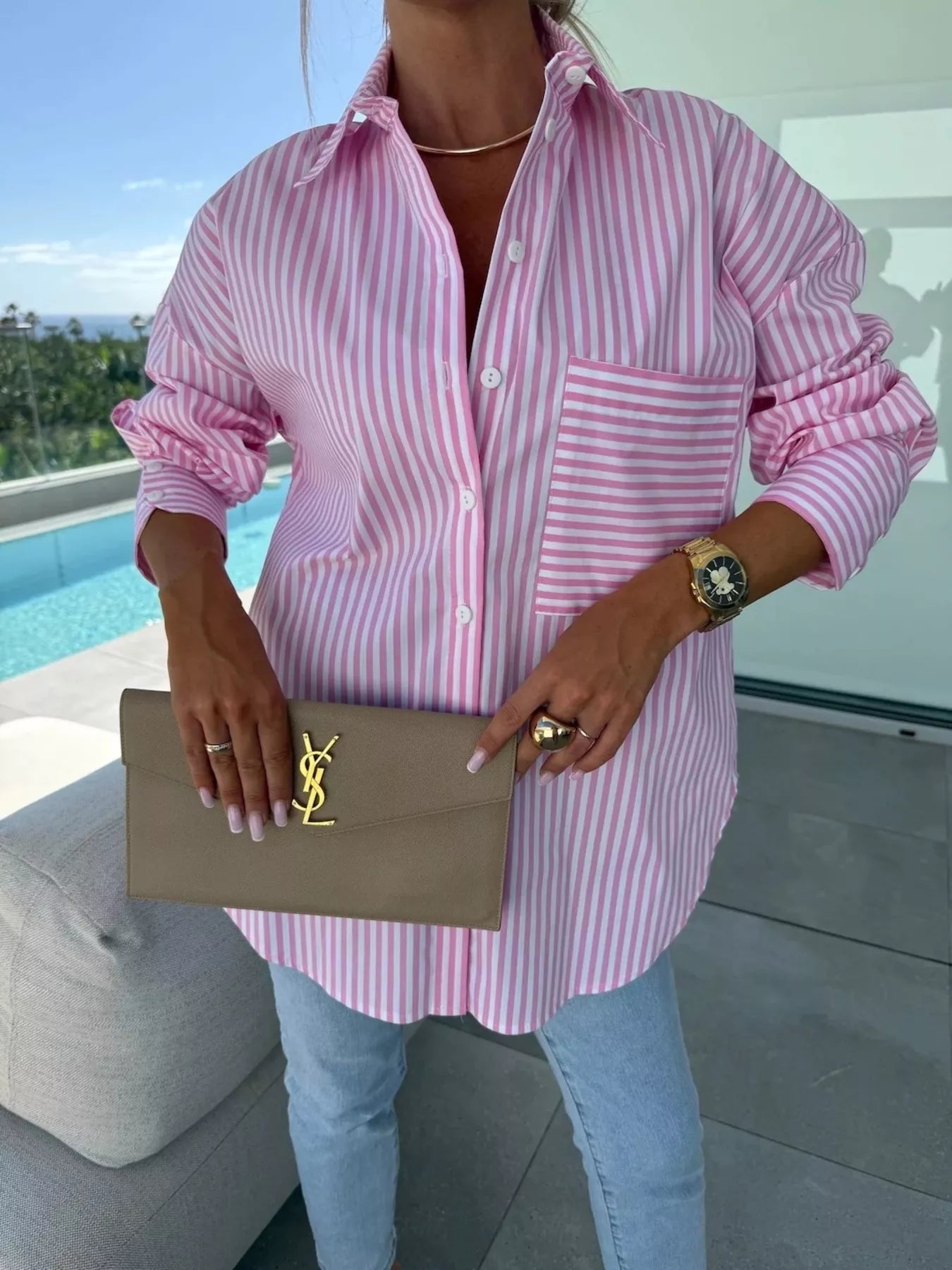 Trendsi Striped Button Up Long Sleeve Shirt -
