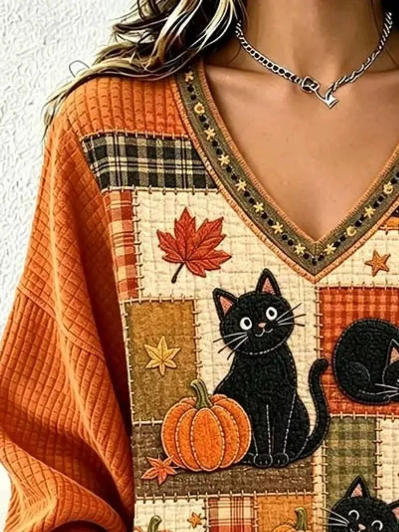 Trendsi Full Size Cat and Pumpkin V-Neck Sweater Plus Size -