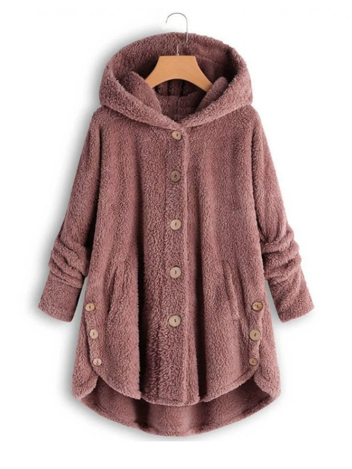 Dusty pink fleece button-up hooded jacket with curved high-low hem