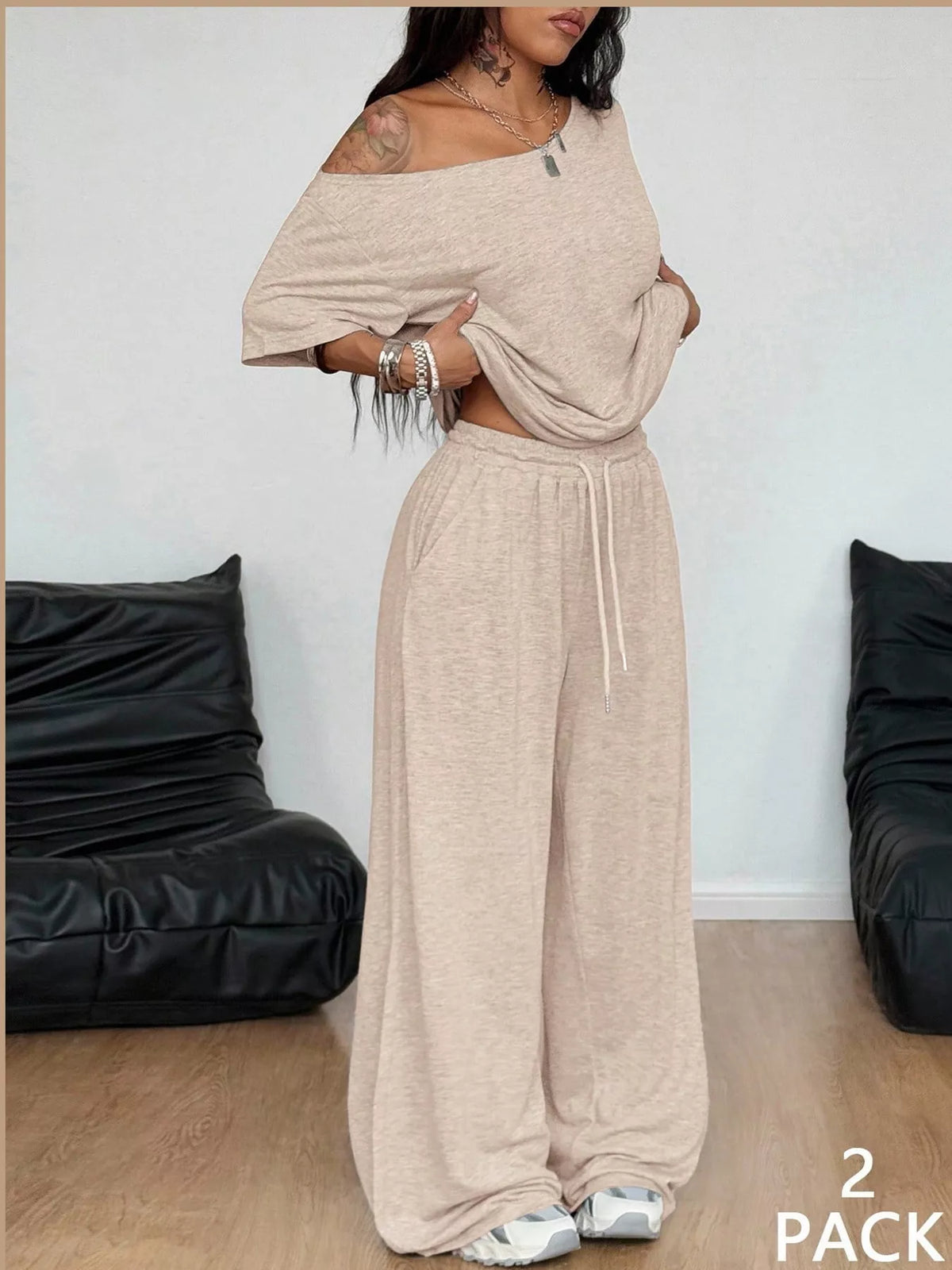 Beige boat neck top and wide-leg pants set — front view