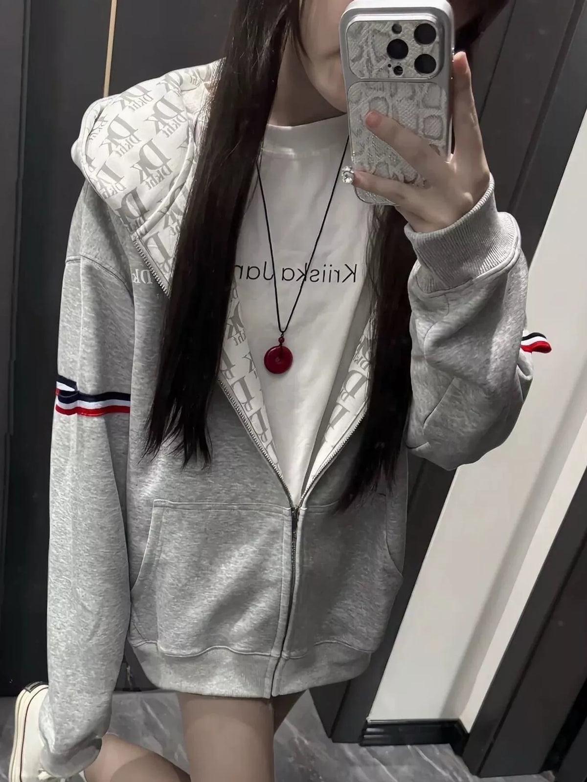 Oversized Zip-Up Hoodie with Striped Sleeves in gray