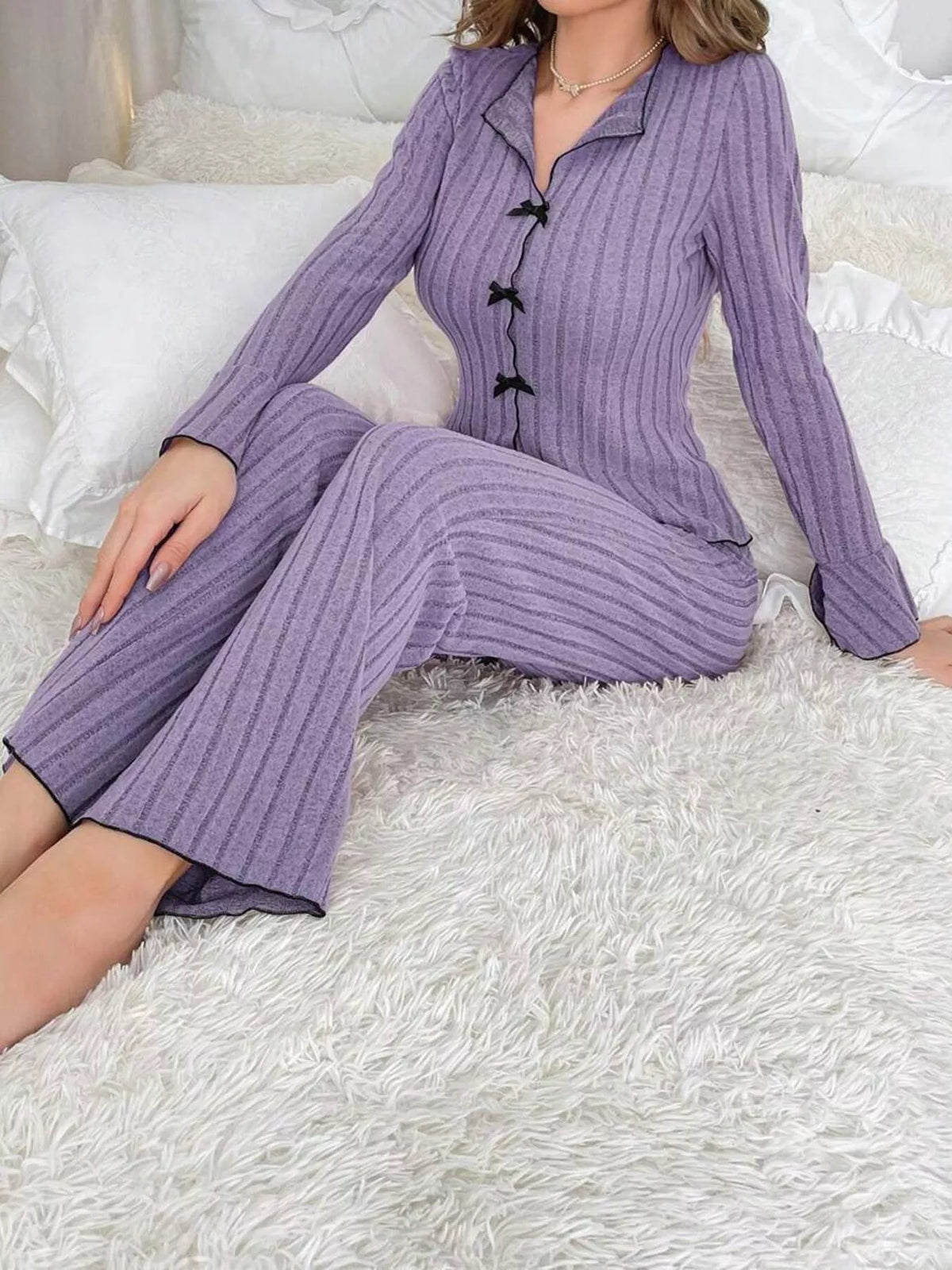 Women's Contrast Bow Detail Top and Pants Lounge Set in Purple, alternate view