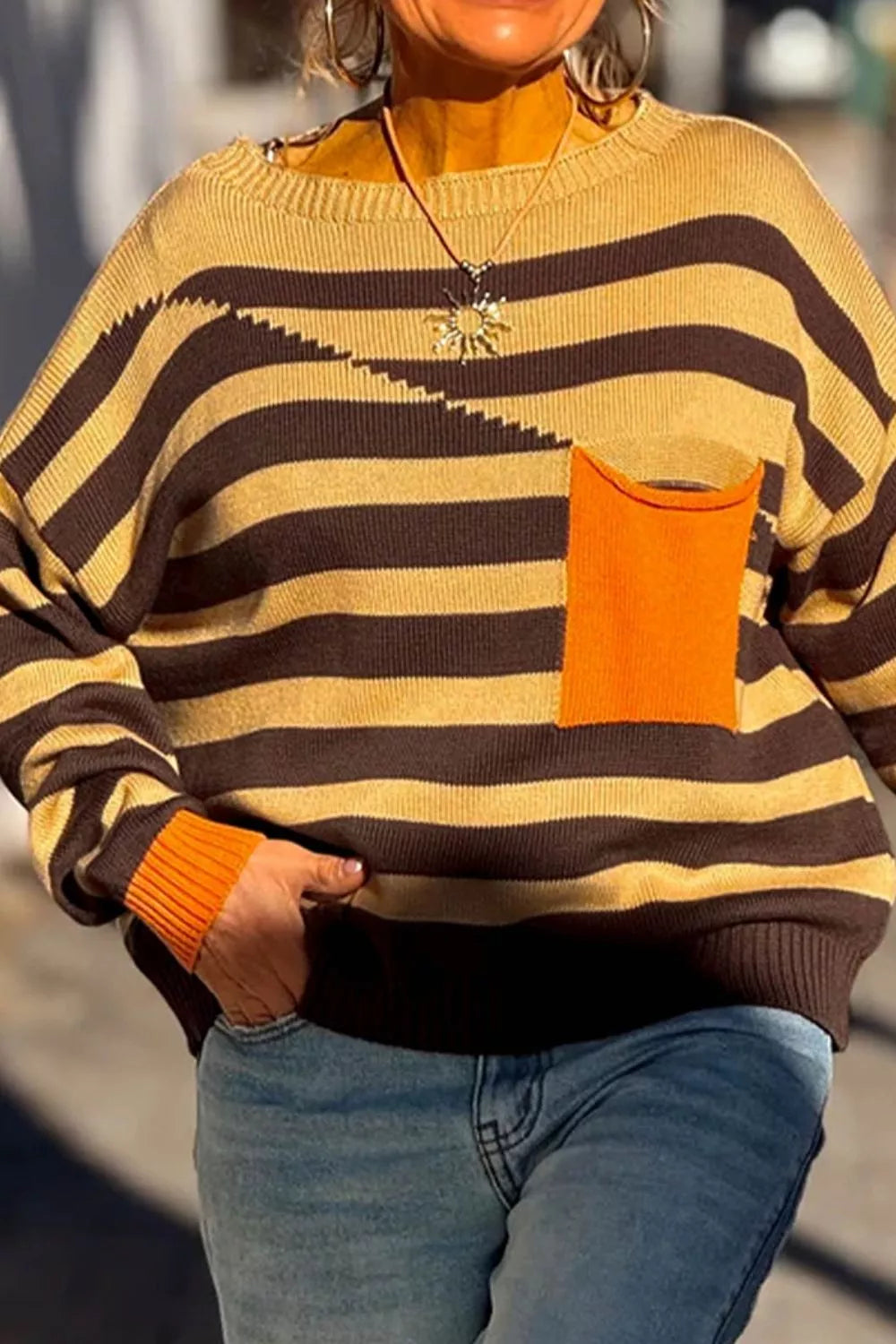 Trendsi Stripe Striped Drop Shoulder Colorblock Pullover Sweater -