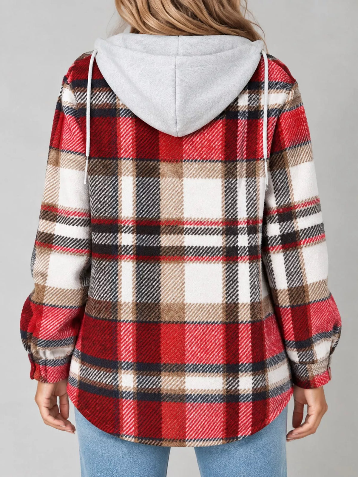 Button-Down Printed Contrast Hooded Shacket — back view