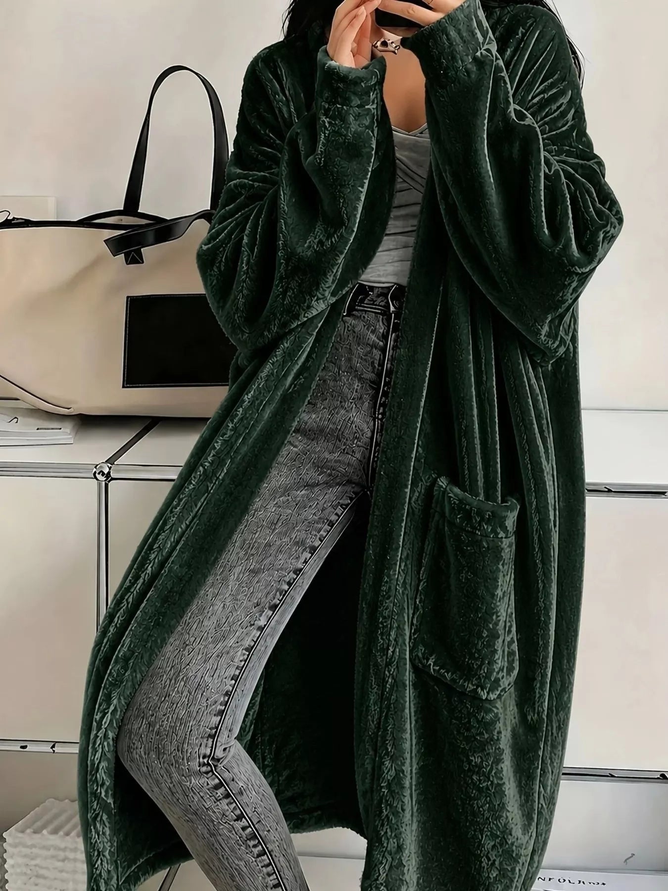 Trendsi Full Size Velvet Open-Front Longline Outerwear Plus Size -