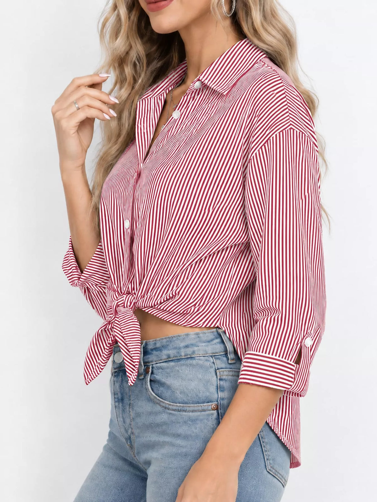 Red striped button-down shirt