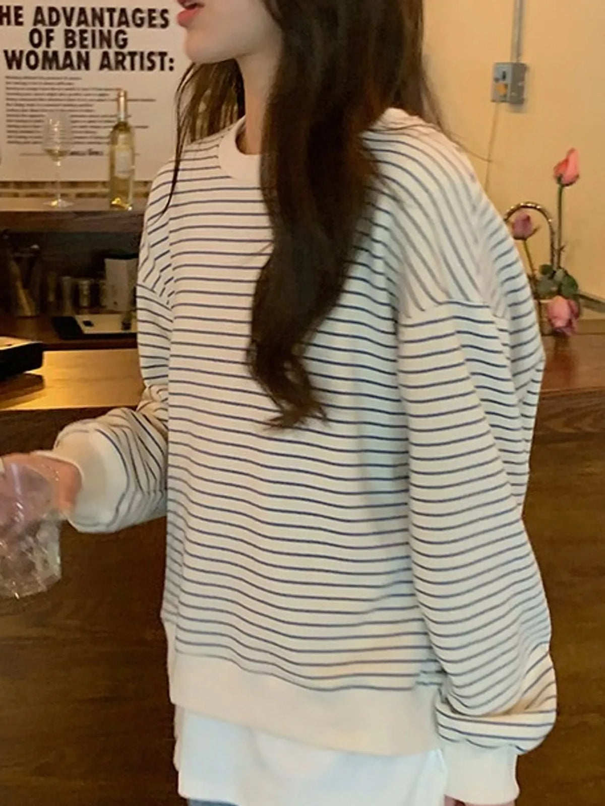 Cream and blue striped long sleeve crewneck t shirt, front view