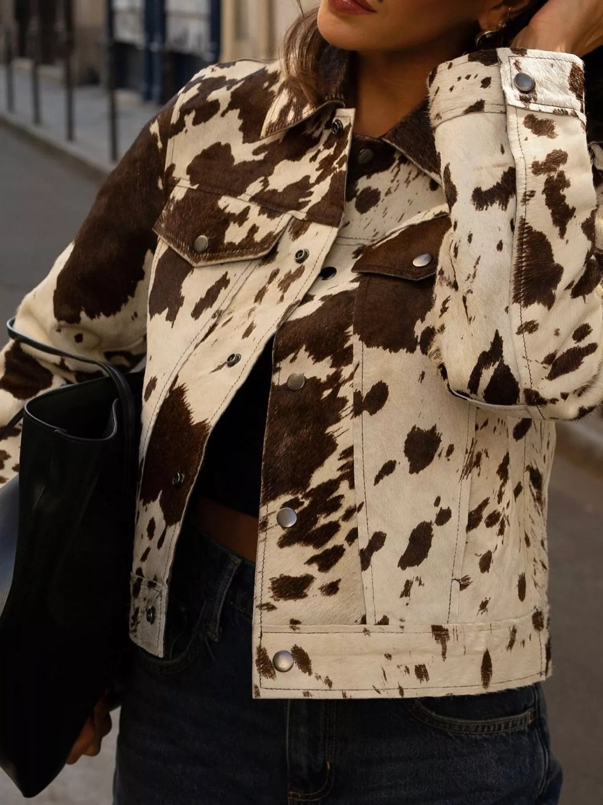 Women's Cow Print Button Up Jacket in brown and cream — front view