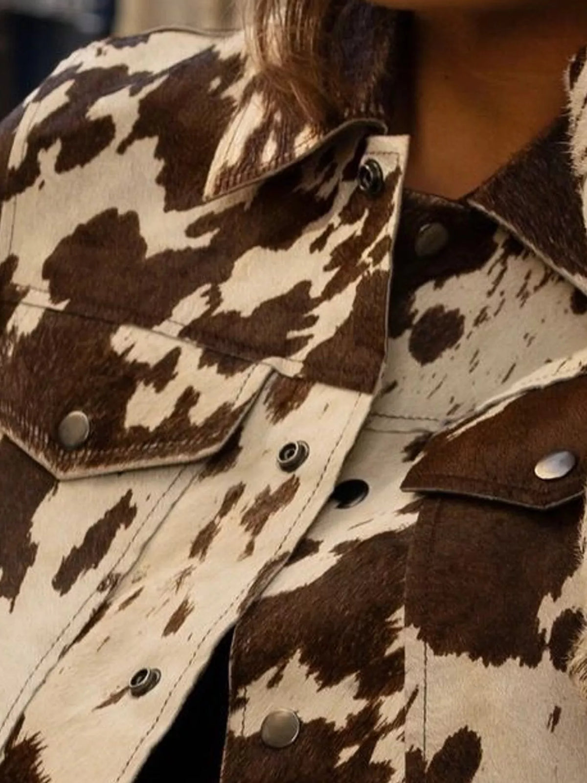 Women's Cow Print Button Up Jacket in brown and cream — collar detail view
