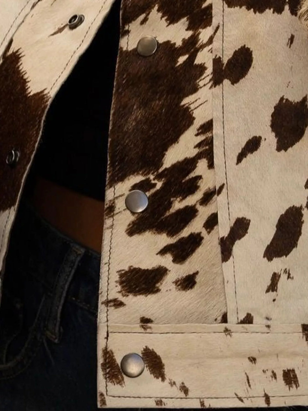 Women's Cow Print Button Up Jacket in brown and cream — pocket detail view