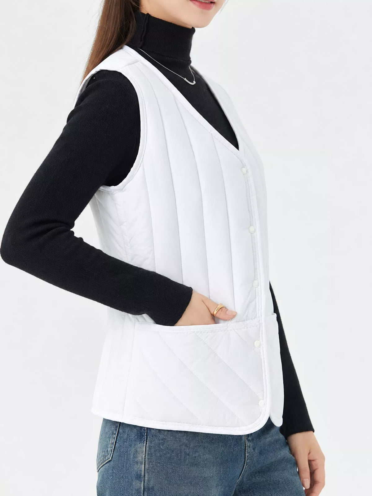 Quilted Button Up Vest in white, side view