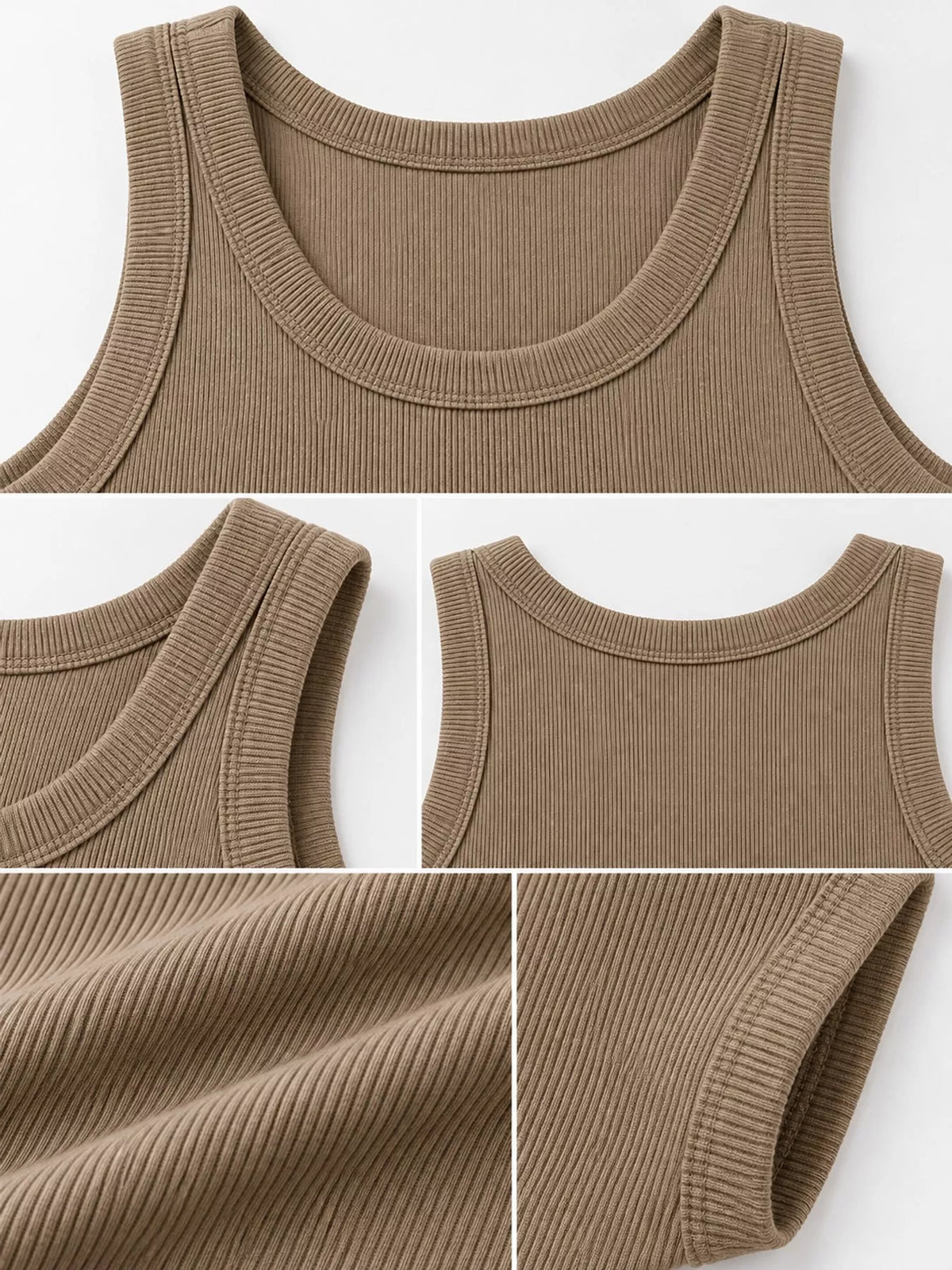Taupe ribbed knit slim fit tank top, detail view