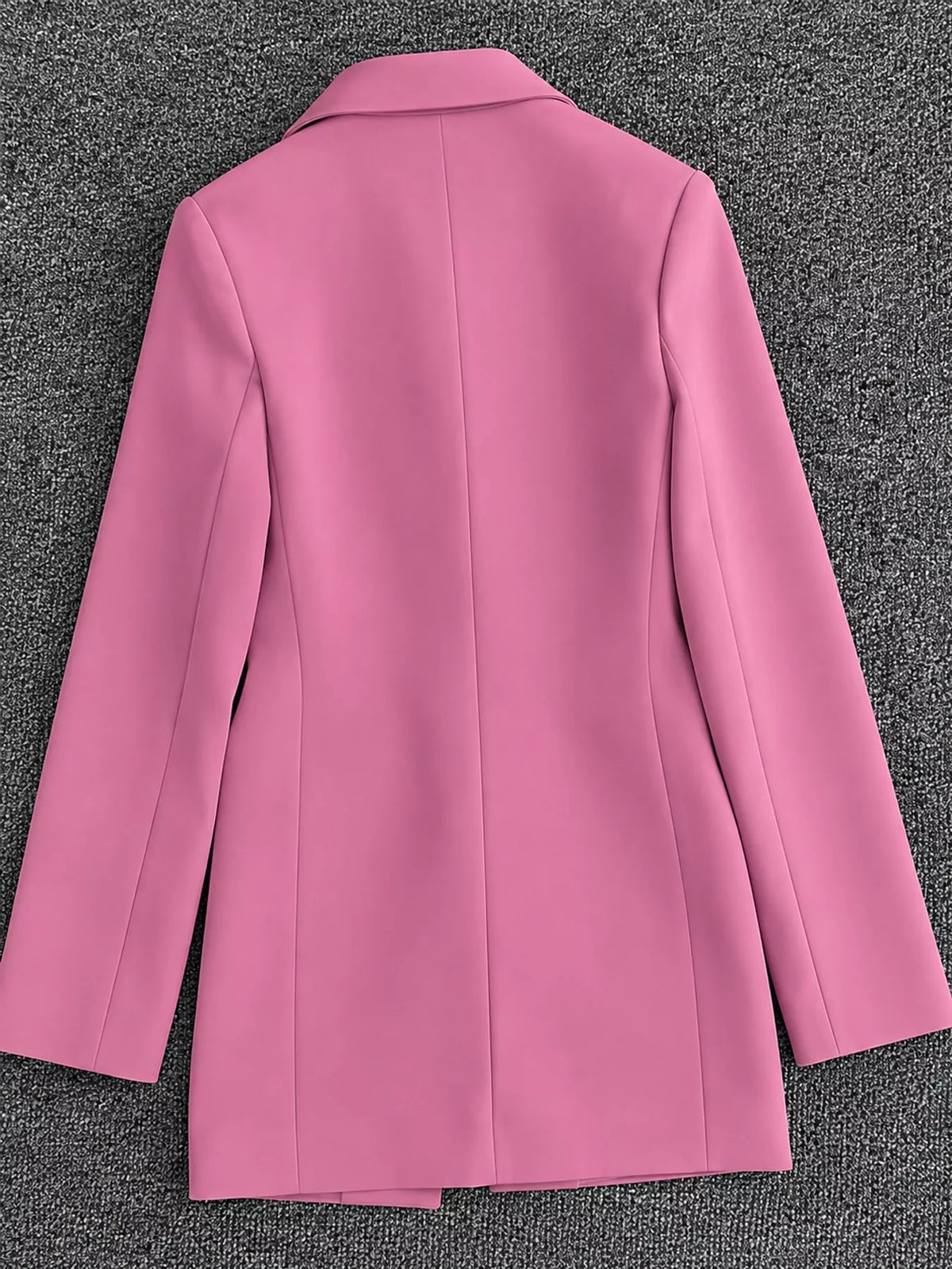 Pink double-breasted lapel collar blazer, back view
