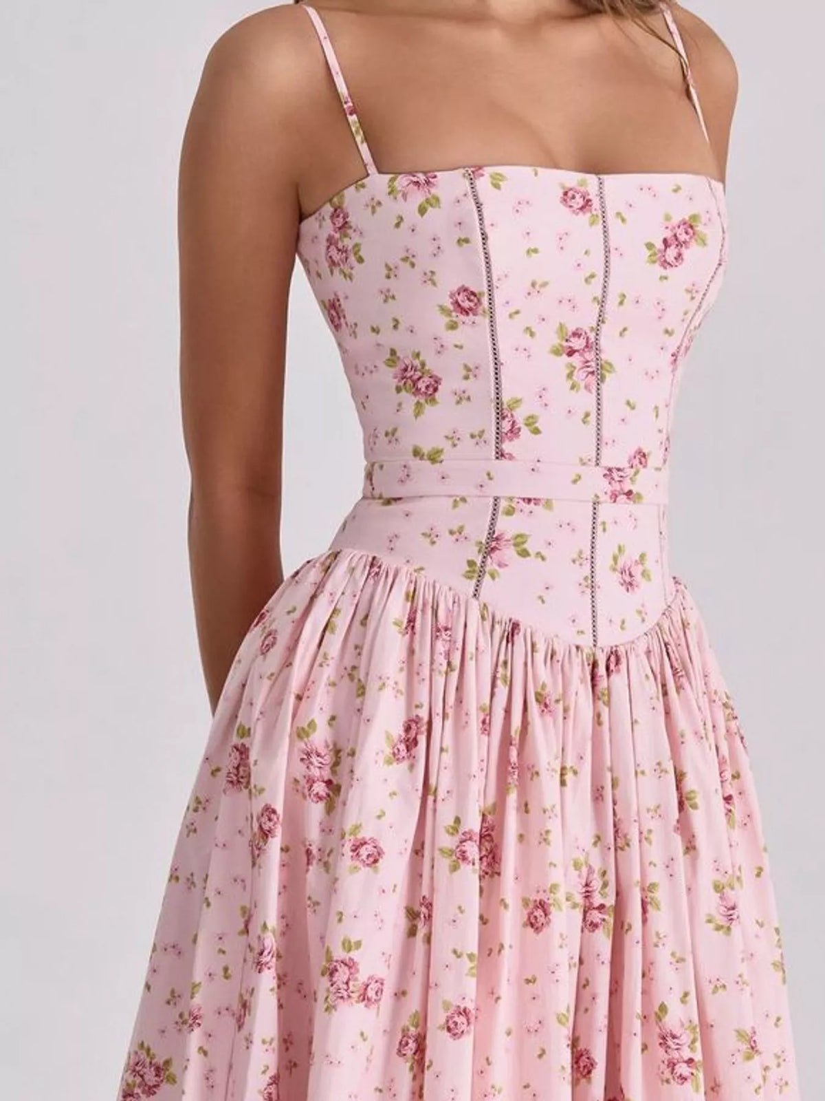 Women's Paneled Bodice Gathered Midi Dress in pink floral — bodice detail view