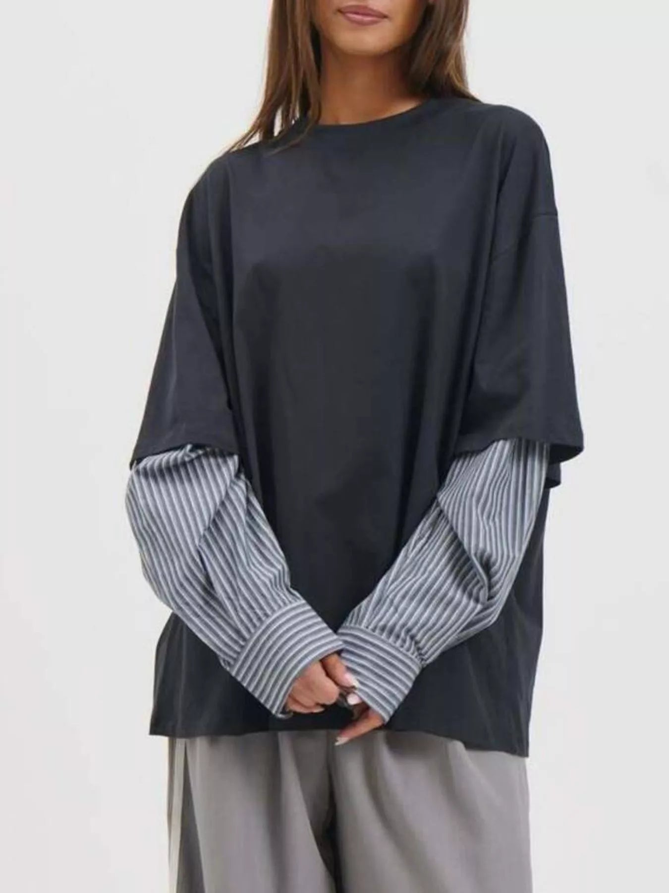 Trendsi Oversized Layered-Look T-Shirt with Striped Sleeves -