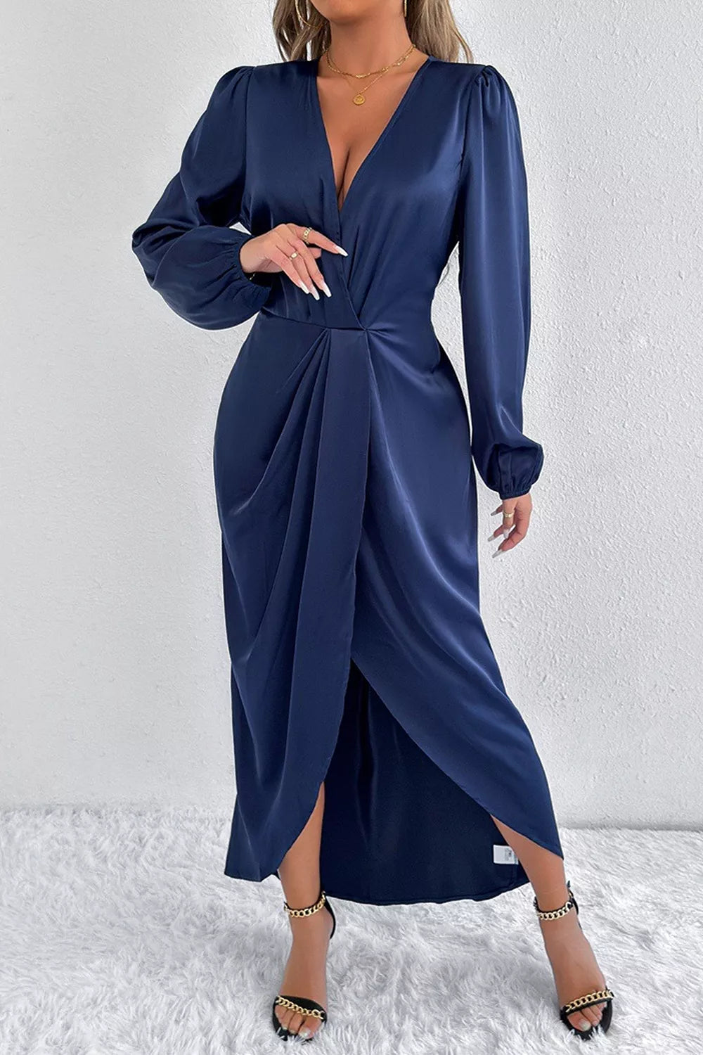 Trendsi Satin Balloon Sleeve Midi Dress -