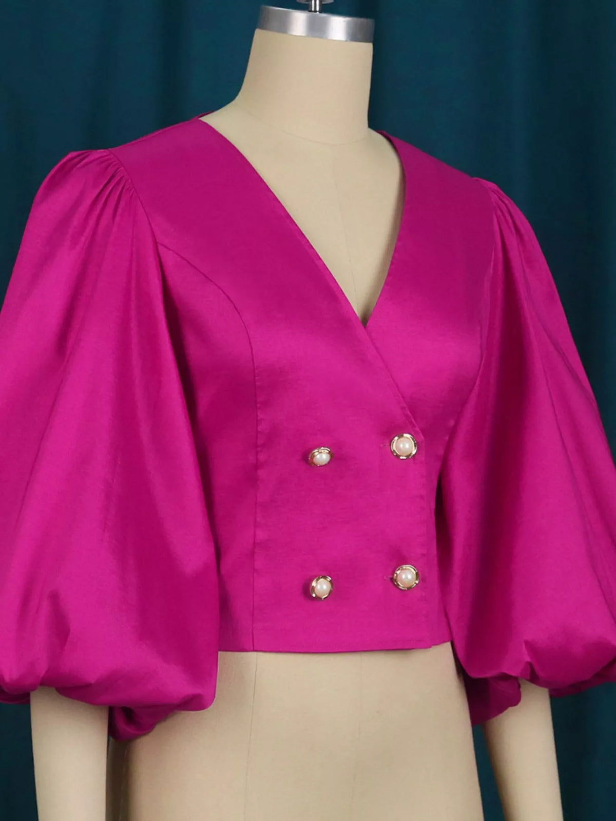 Fuchsia double-breasted puff sleeve blouse, front detail