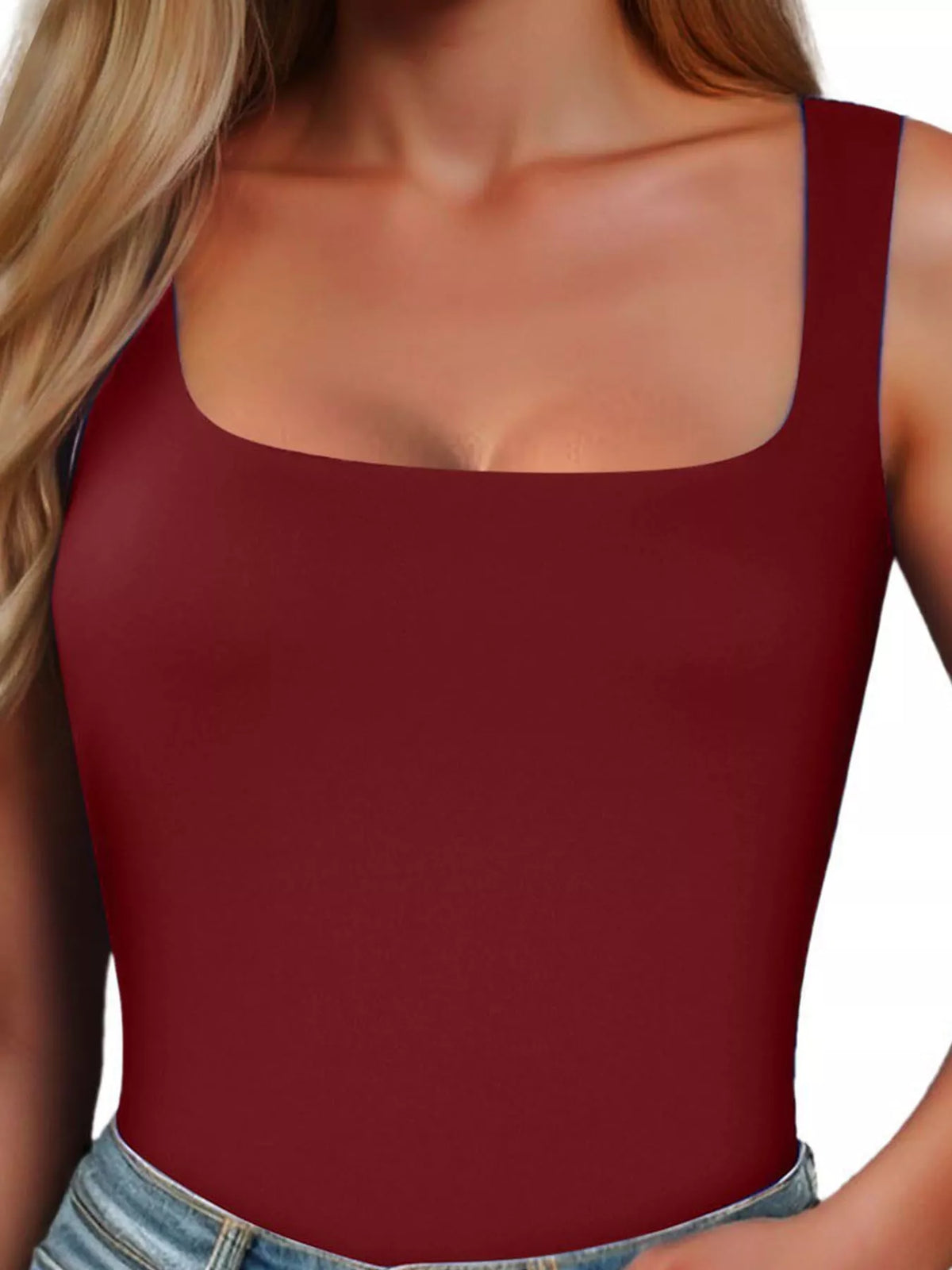 Burgundy square-neck tank, front view