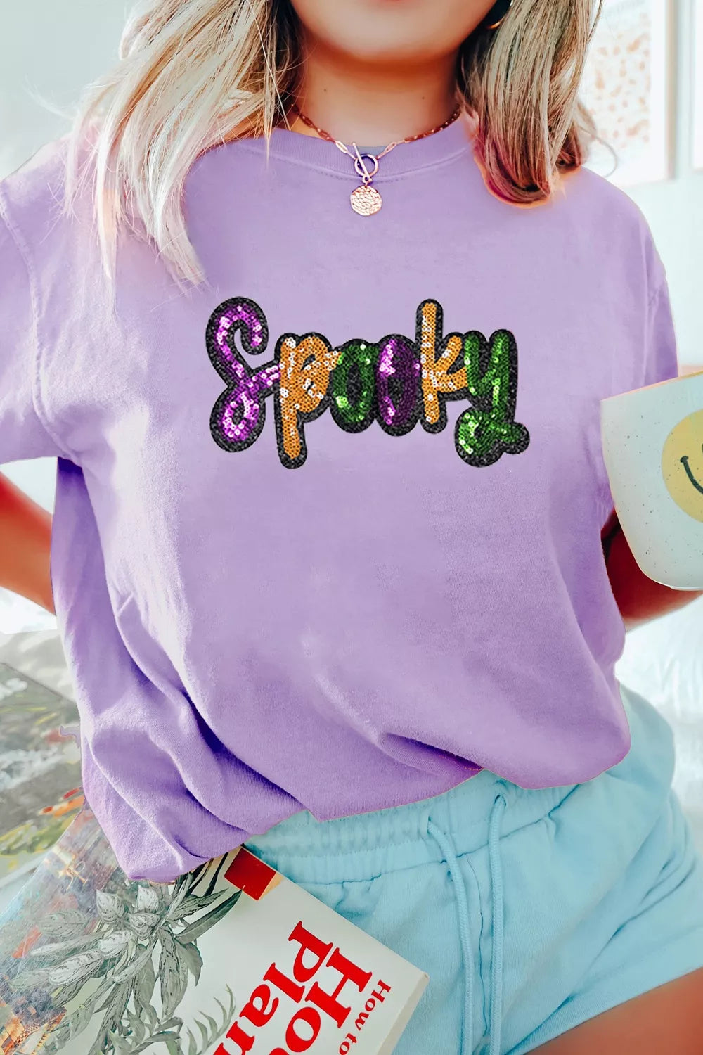 Trendsi Full Size Spooky Sequin Letter Patched Cotton Blend T Shirt Plus Size -
