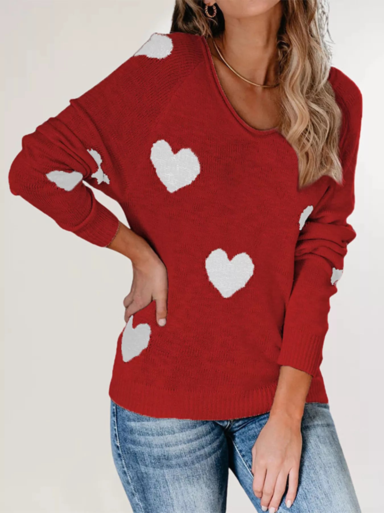 Trendsi Heart Pattern V-Neck Sweater -
