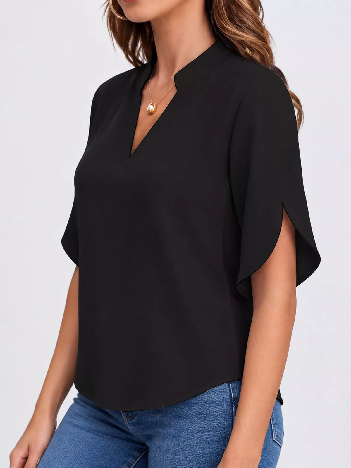 Women's Notched Slit Short Sleeve Blouse in black — side view
