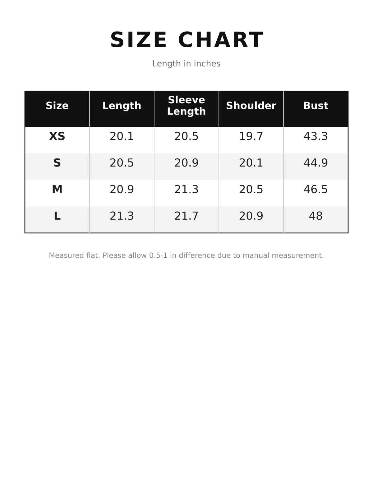 Size chart for faux fur cropped coat