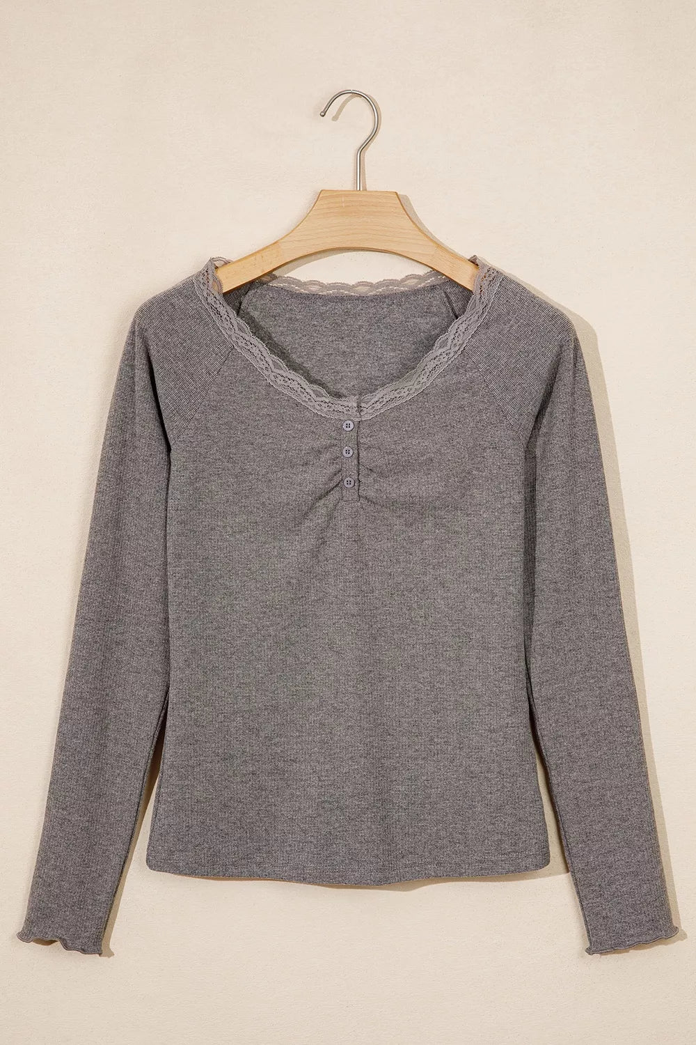 Ribbed Lace Trim V-Neck Button Detail Top in gray, hanger front view