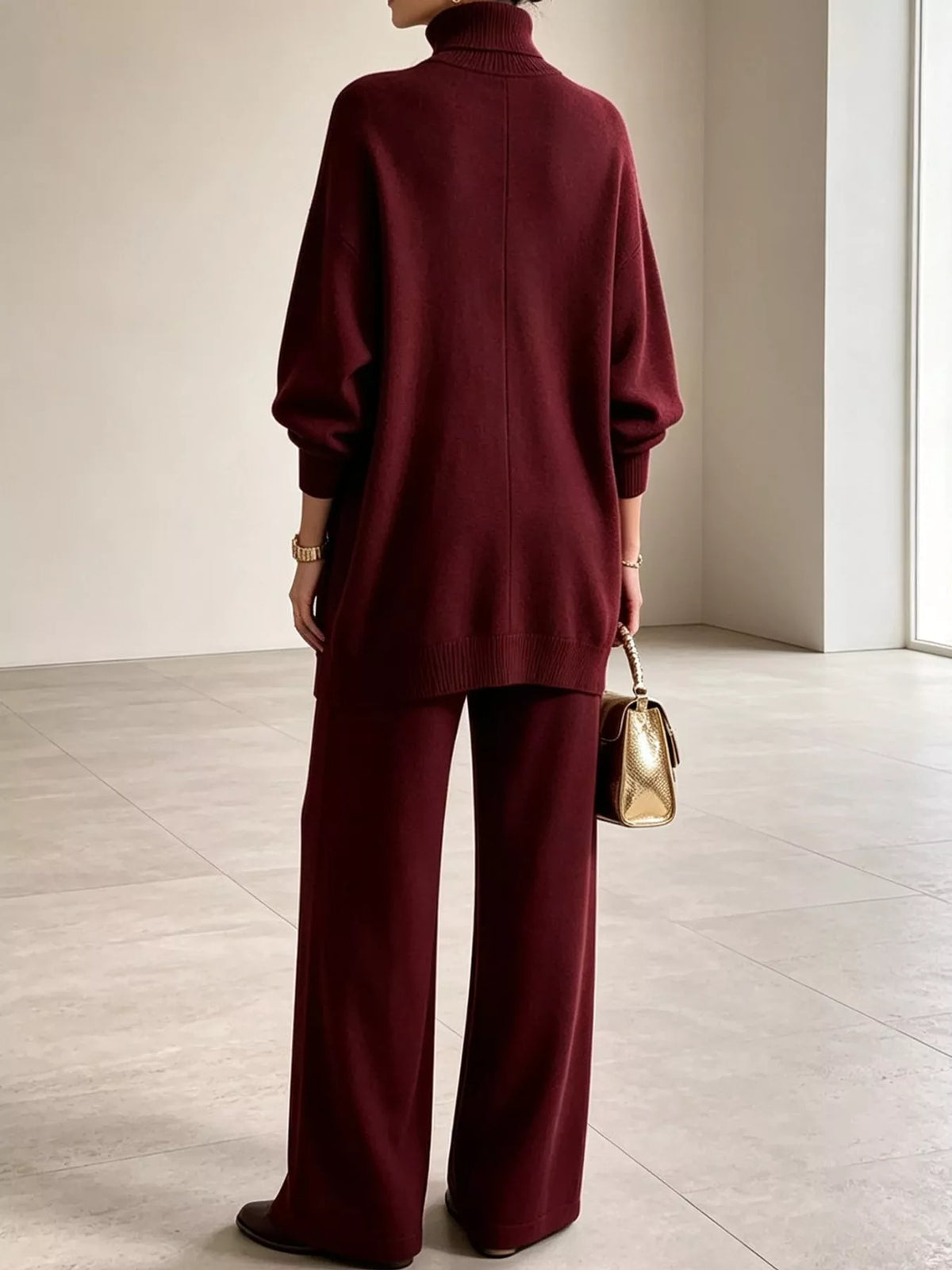 Burgundy turtleneck long sleeve top and pants sweater set, back view