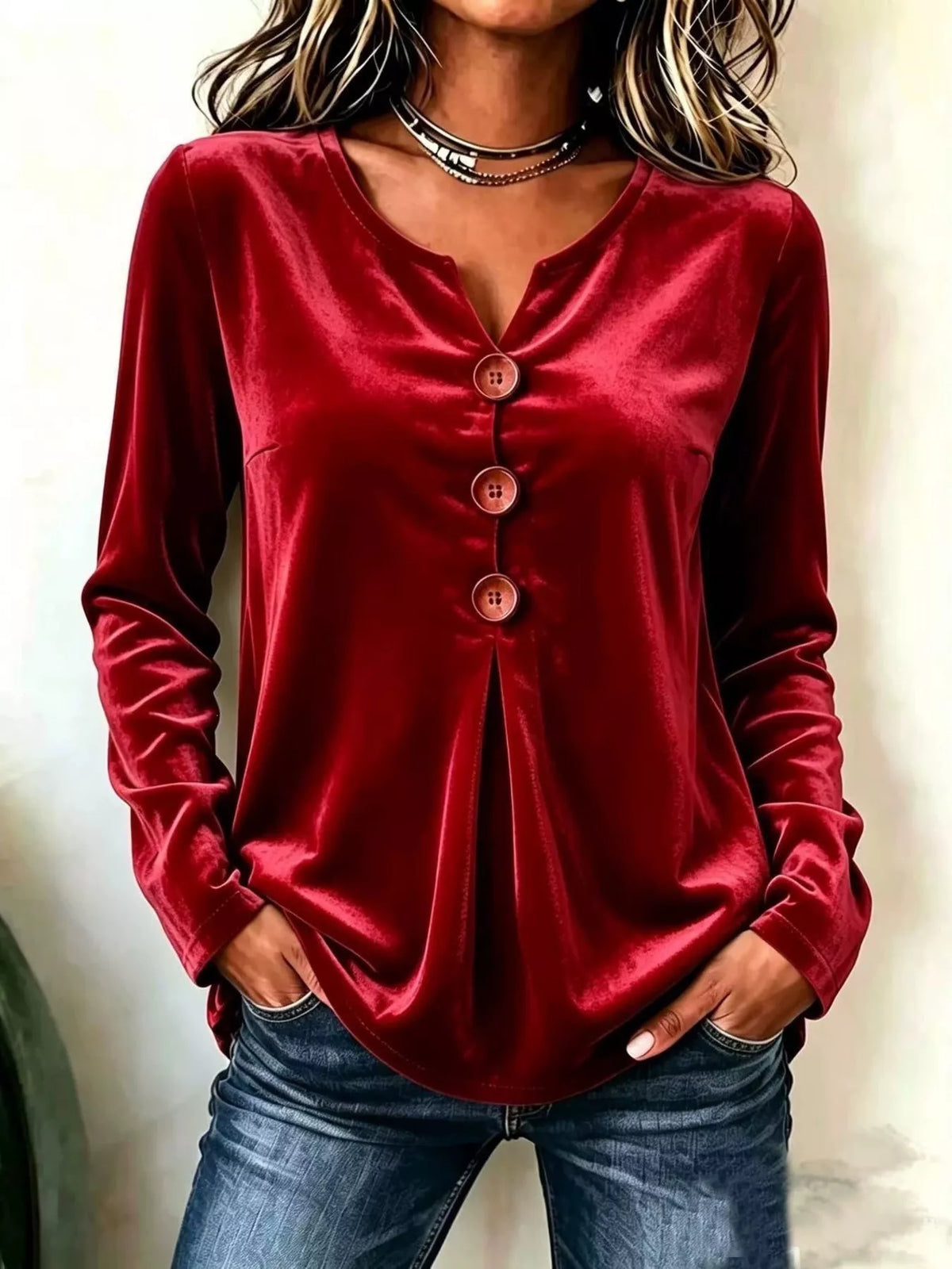 Velvet V-Neck Long Sleeve Button-Decor Blouse, front view