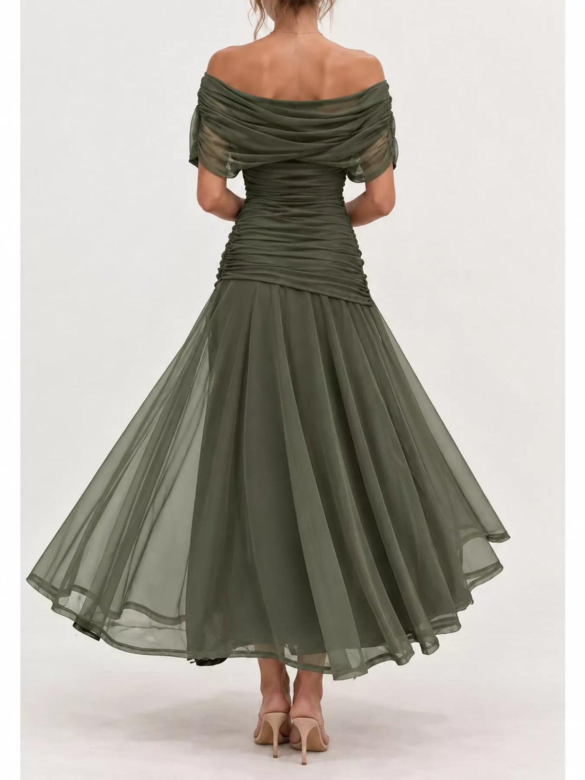 Army green off shoulder ruched tulle evening dress, back view