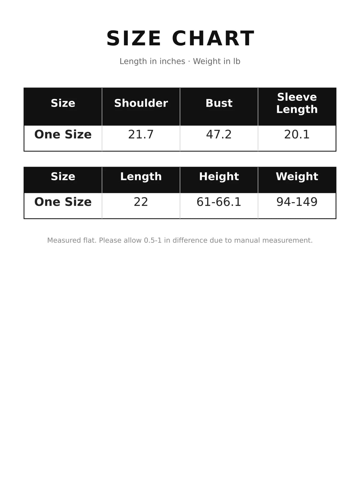 Size chart for snap down long sleeve jacket