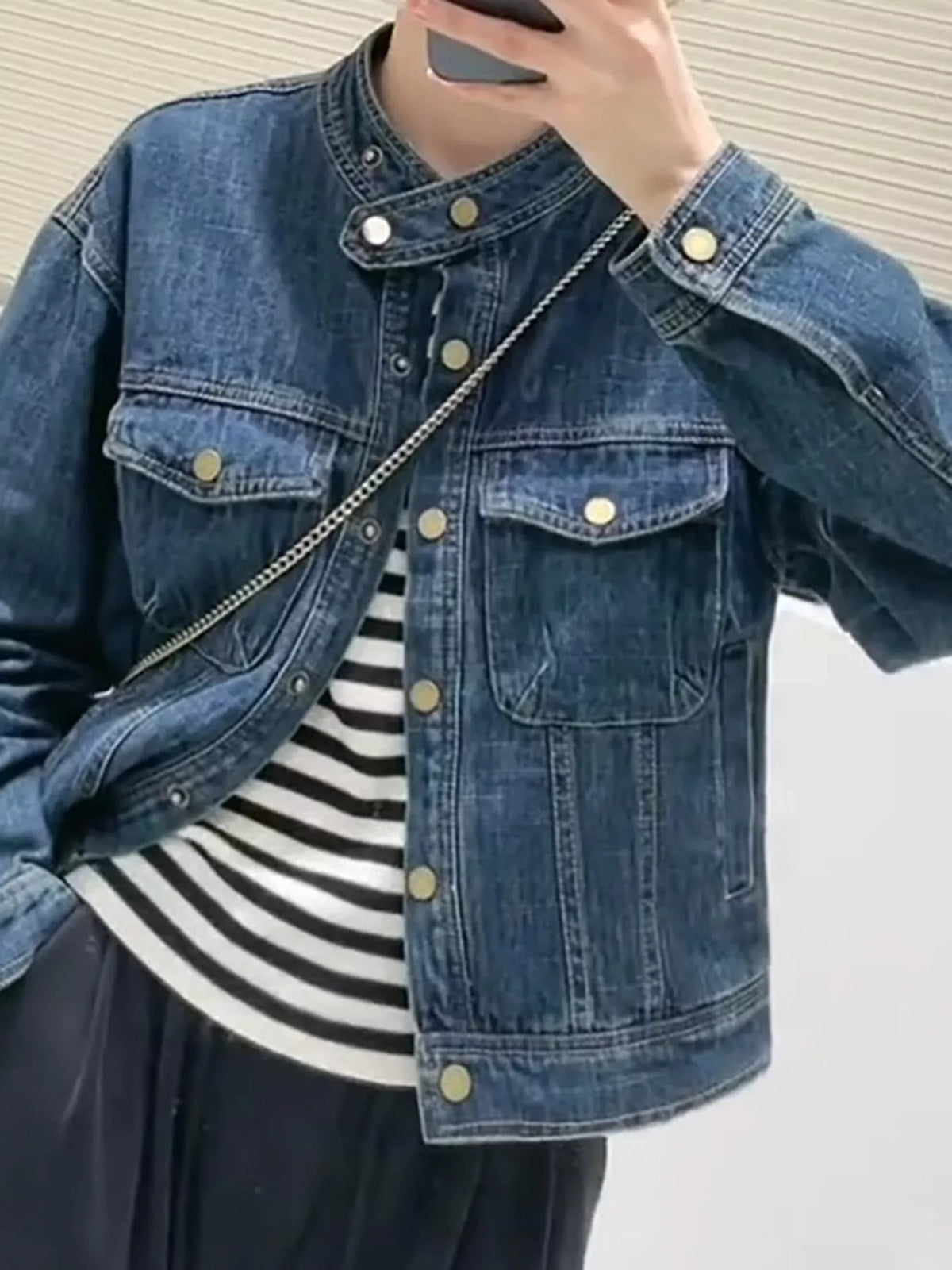 Mandarin neck long sleeve jacket, front view on model