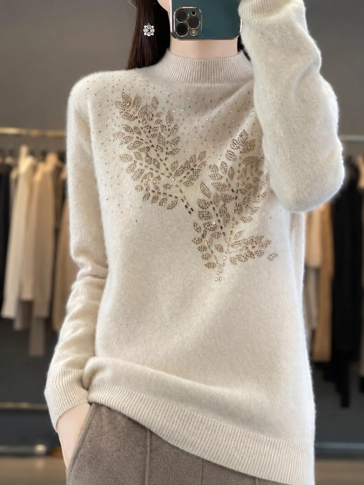 Rhinestone Leaf Mock Neck Sweater — front view