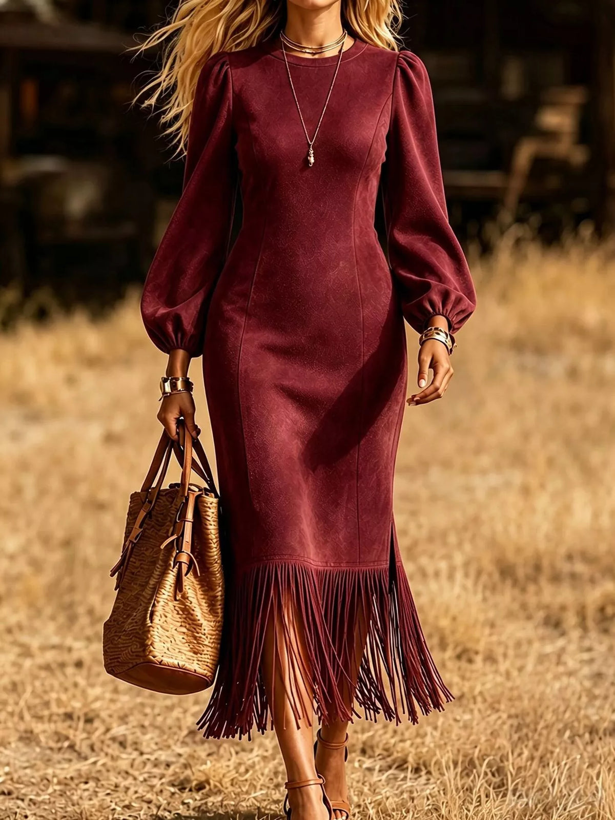 Fringe Balloon Sleeve Midi Dress in burgundy, front view